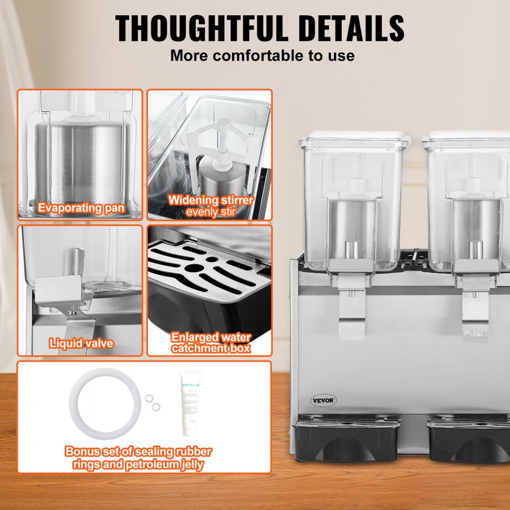 VEVOR Commercial Beverage Dispenser, 13.6 Qt 12L 3 Tanks Ice Tea Drink Machine, 620W 304 Stainless Steel Juice Dispenser with 41?-53.6? Thermostat Controller, for Cold Drink Restaurant Hotel Party