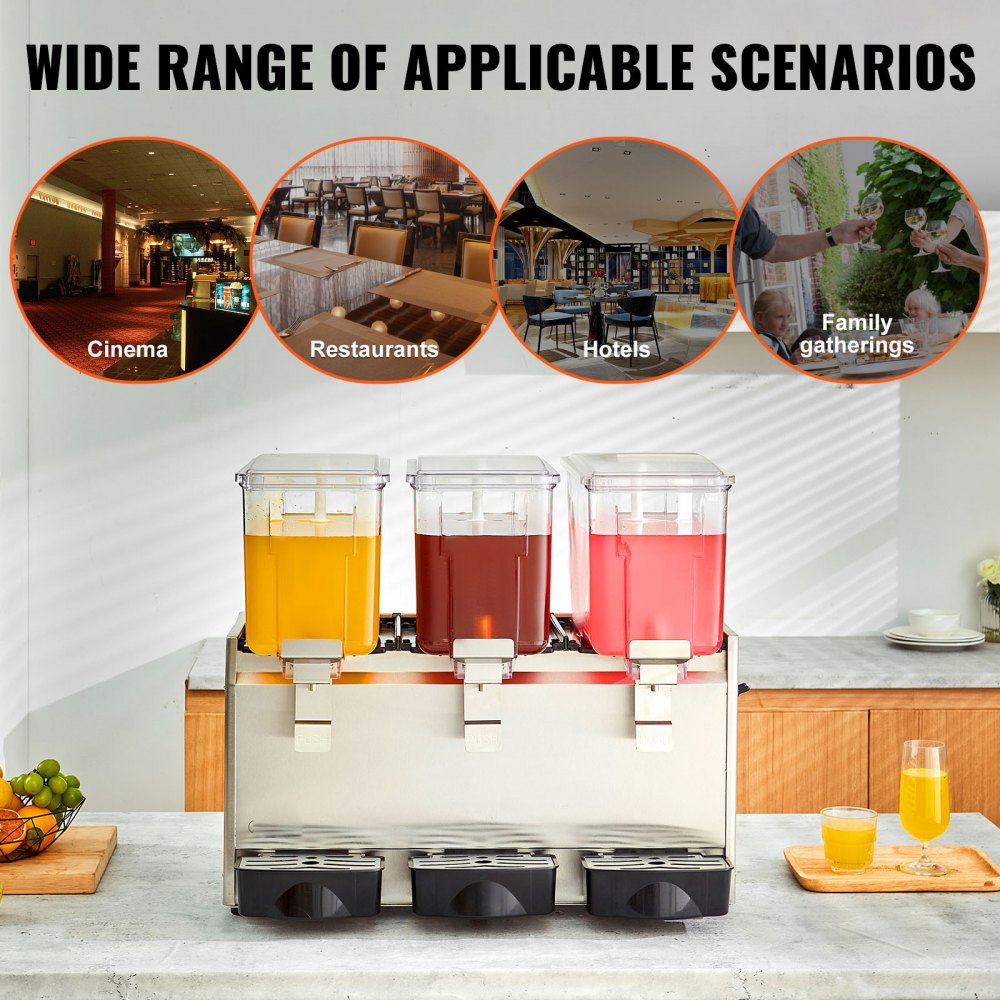 VEVOR Commercial Beverage Dispenser, 13.6 Qt 12L 3 Tanks Ice Tea Drink Machine, 620W 304 Stainless Steel Juice Dispenser with 41?-53.6? Thermostat Controller, for Cold Drink Restaurant Hotel Party