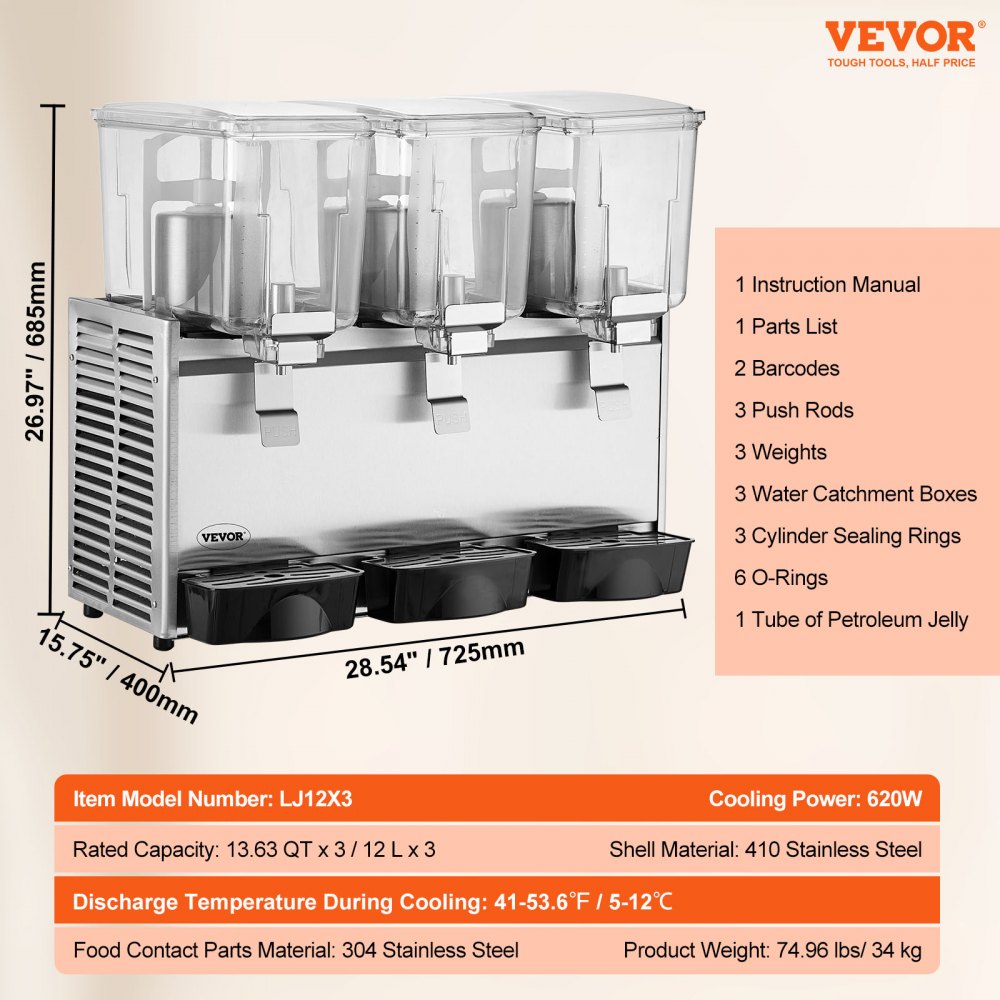 VEVOR Commercial Beverage Dispenser, 13.6 Qt 12L 3 Tanks Ice Tea Drink Machine, 620W 304 Stainless Steel Juice Dispenser with 41?-53.6? Thermostat Controller, for Cold Drink Restaurant Hotel Party