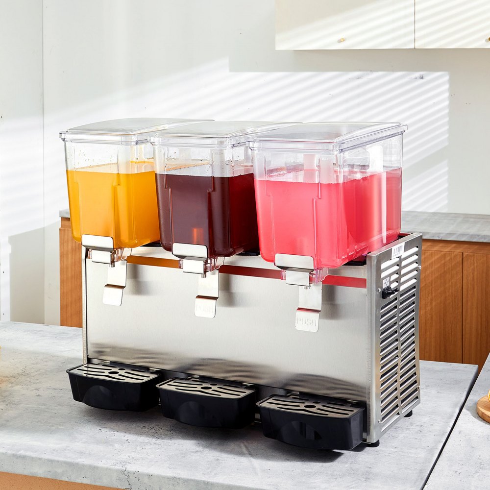 VEVOR Commercial Beverage Dispenser, 13.6 Qt 12L 3 Tanks Ice Tea Drink Machine, 620W 304 Stainless Steel Juice Dispenser with 41?-53.6? Thermostat Controller, for Cold Drink Restaurant Hotel Party
