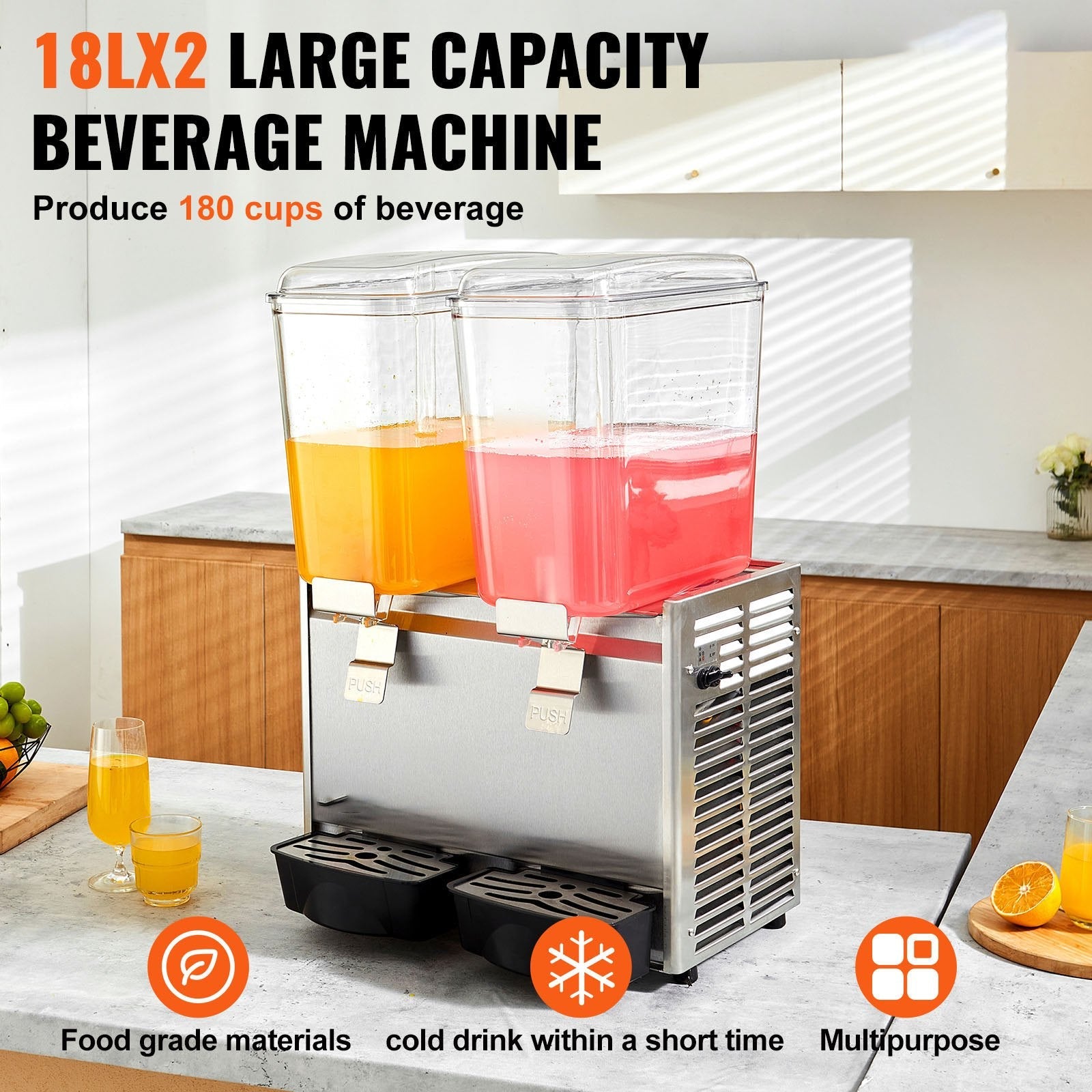 VEVOR Commercial Beverage Dispenser, 20.4 Qt 18L 2 Tanks Ice Tea Drink Machine, 590W 304 Stainless Steel Juice Dispenser with 41?-53.6? Thermostat Controller, for Cold Drink Restaurant Hotel Party