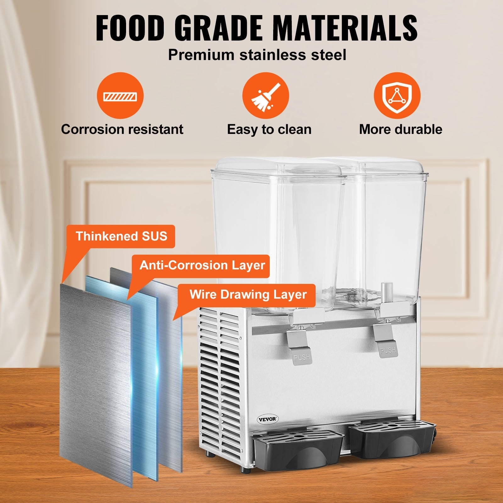 VEVOR Commercial Beverage Dispenser, 20.4 Qt 18L 2 Tanks Ice Tea Drink Machine, 590W 304 Stainless Steel Juice Dispenser with 41?-53.6? Thermostat Controller, for Cold Drink Restaurant Hotel Party