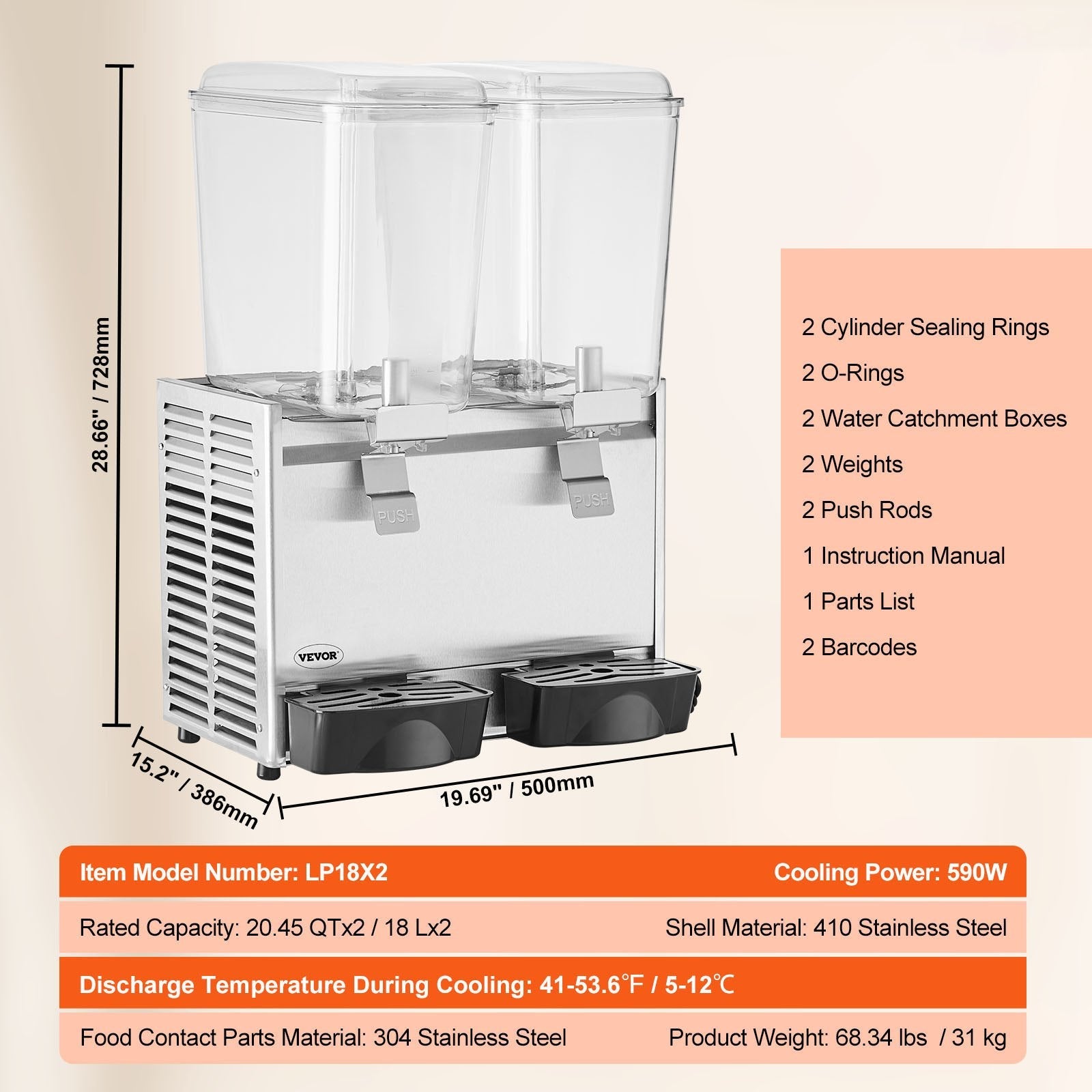 VEVOR Commercial Beverage Dispenser, 20.4 Qt 18L 2 Tanks Ice Tea Drink Machine, 590W 304 Stainless Steel Juice Dispenser with 41?-53.6? Thermostat Controller, for Cold Drink Restaurant Hotel Party