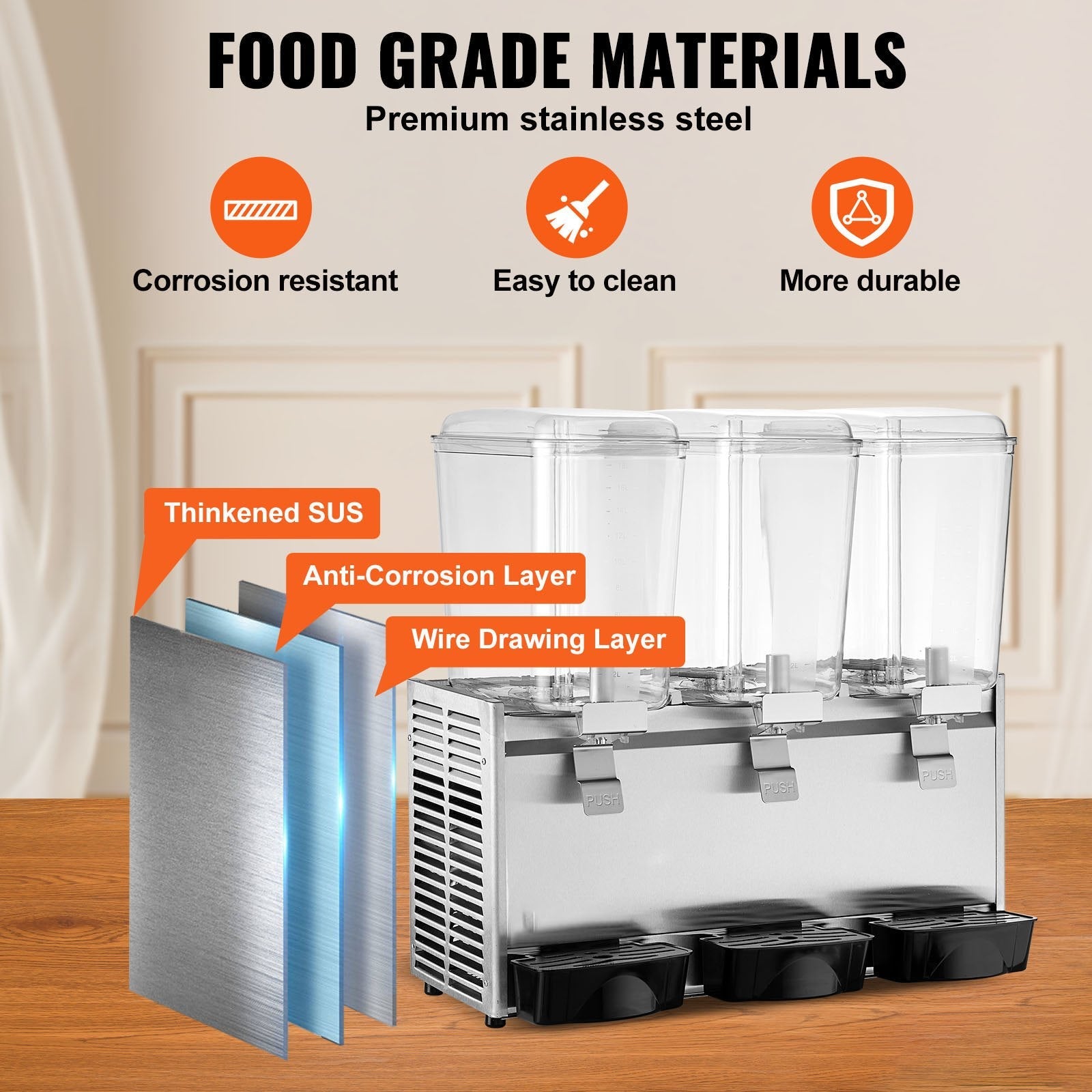 VEVOR Commercial Beverage Dispenser, 20.4 Qt 18L 3 Tanks Ice Tea Drink Machine, 680W 304 Stainless Steel Juice Dispenser with 41?-53.6? Thermostat Controller, for Cold Drink Restaurant Hotel Party