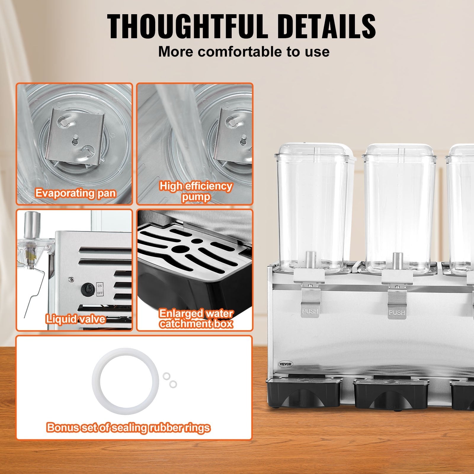 VEVOR Commercial Beverage Dispenser, 20.4 Qt 18L 3 Tanks Ice Tea Drink Machine, 680W 304 Stainless Steel Juice Dispenser with 41?-53.6? Thermostat Controller, for Cold Drink Restaurant Hotel Party