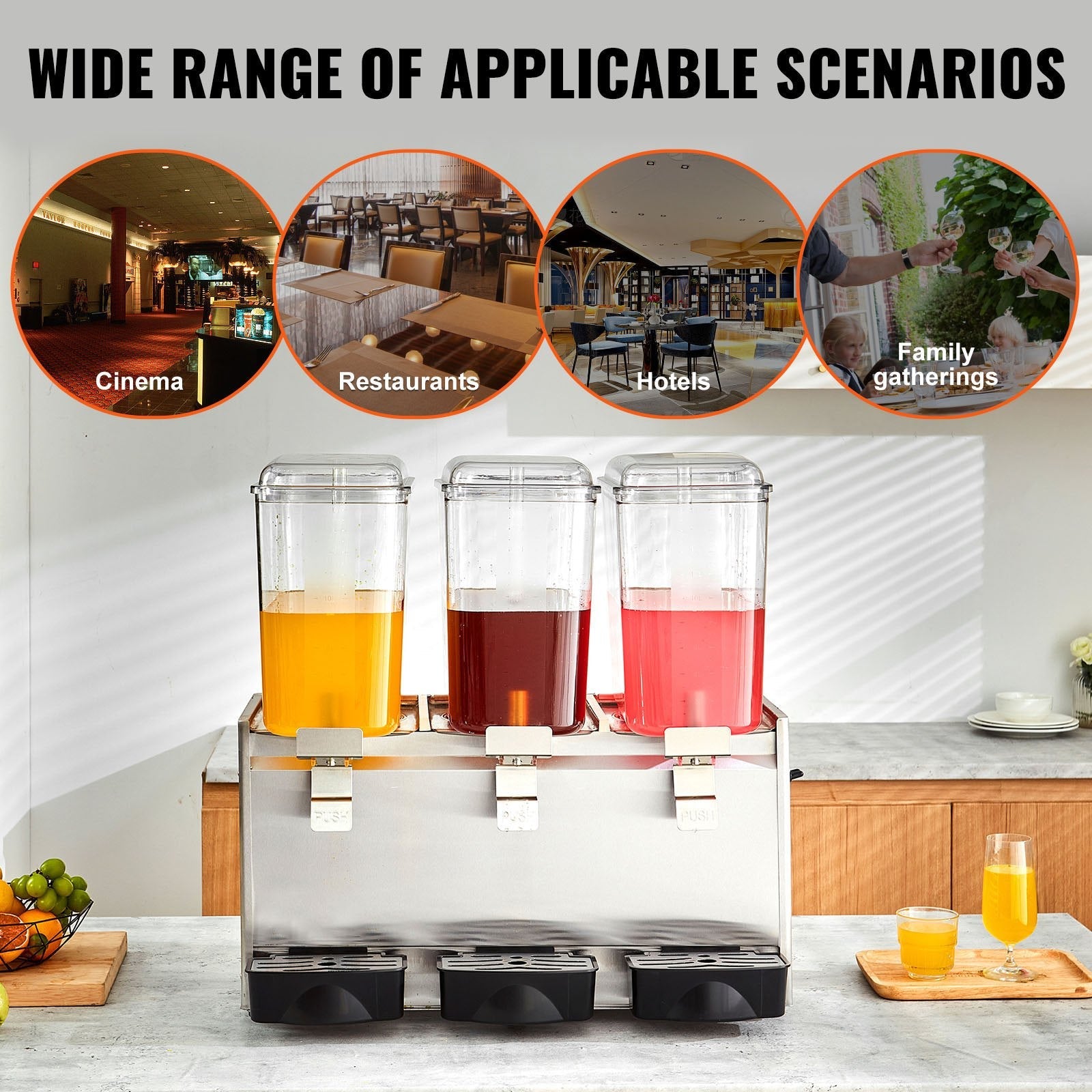 VEVOR Commercial Beverage Dispenser, 20.4 Qt 18L 3 Tanks Ice Tea Drink Machine, 680W 304 Stainless Steel Juice Dispenser with 41?-53.6? Thermostat Controller, for Cold Drink Restaurant Hotel Party