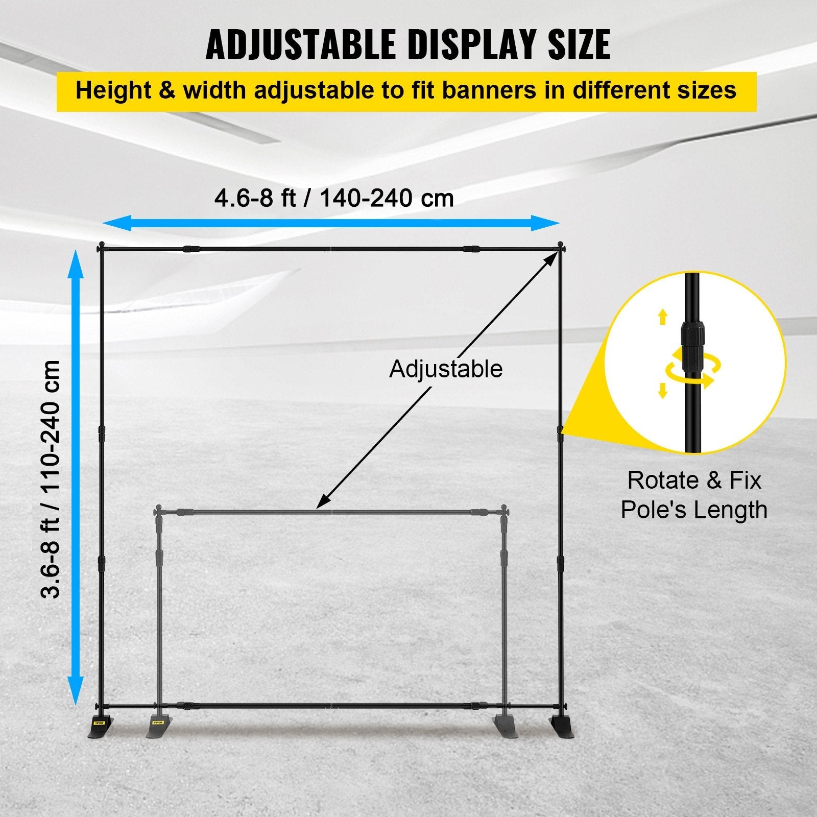 VEVOR 8×8feet Banner Stand Adjustable Display Backdrop Lightweight Portable Trade Show Wall for Photography(8' Banner Stand), Black