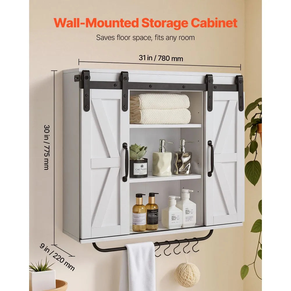 VEVOR Bathroom Wall Cabinet with Adjustable Shelf, Wall Mounted Storage Cabinet with Doors, Open Shelf, Towel Bar & Hooks, White