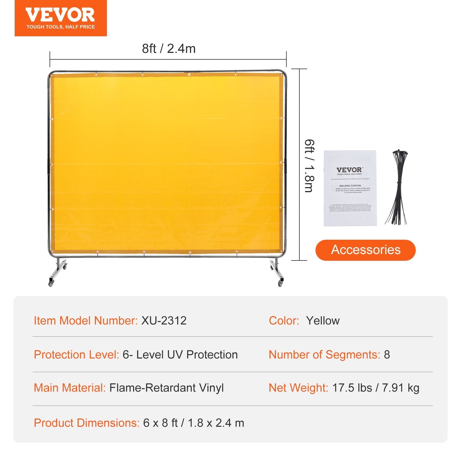 VEVOR Welding Screen with Frame, 6' x 8' Welding Curtain Screen, Flame-Resistant Vinyl Welding Protection Screen on 4 Swivel Wheel (2 Lockable), Moveable & Professional for Workshop/Industrial, Yellow