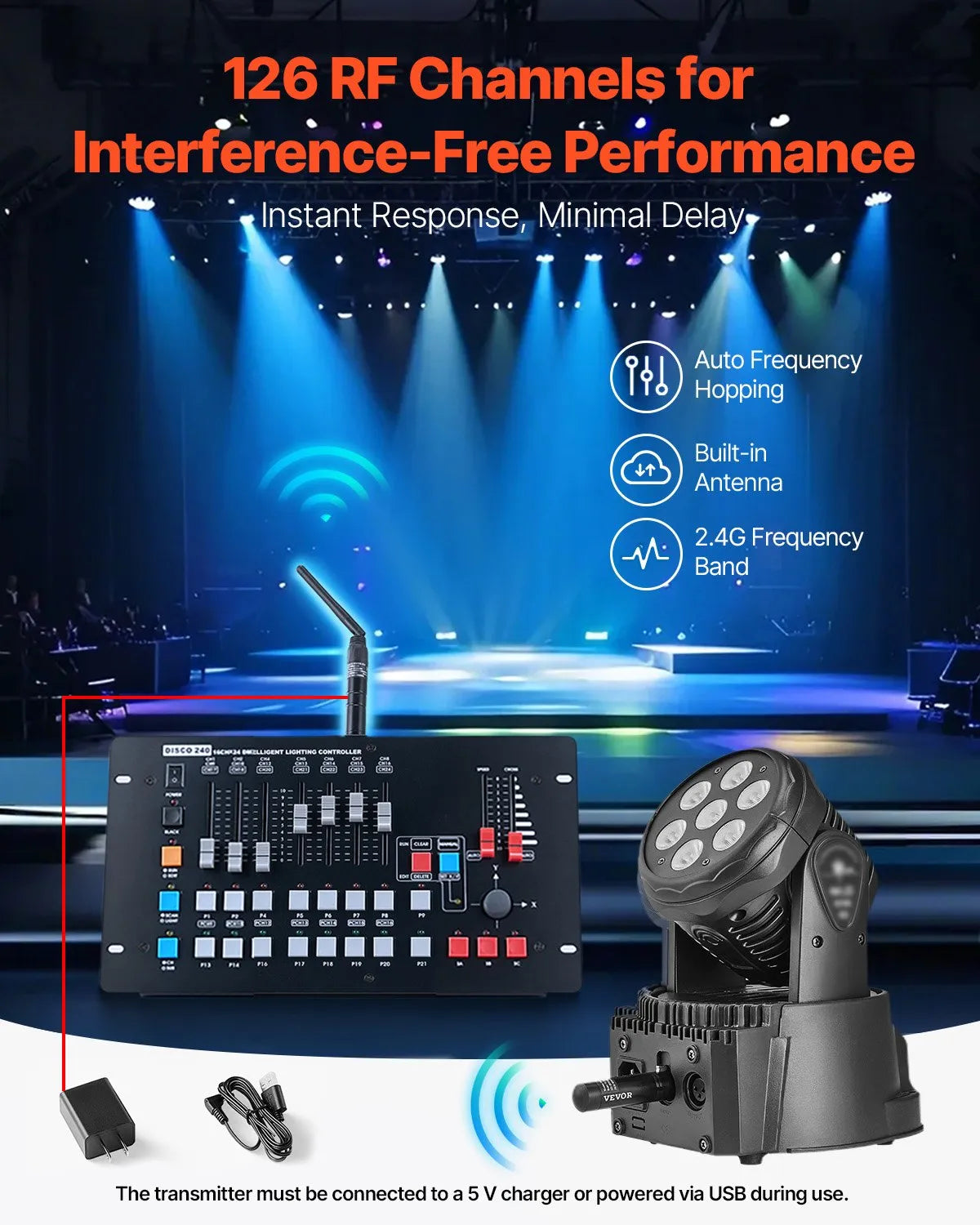 VEVOR DMX Wireless Receiver Transmitter Controller for Stage Light 8 PCs Black