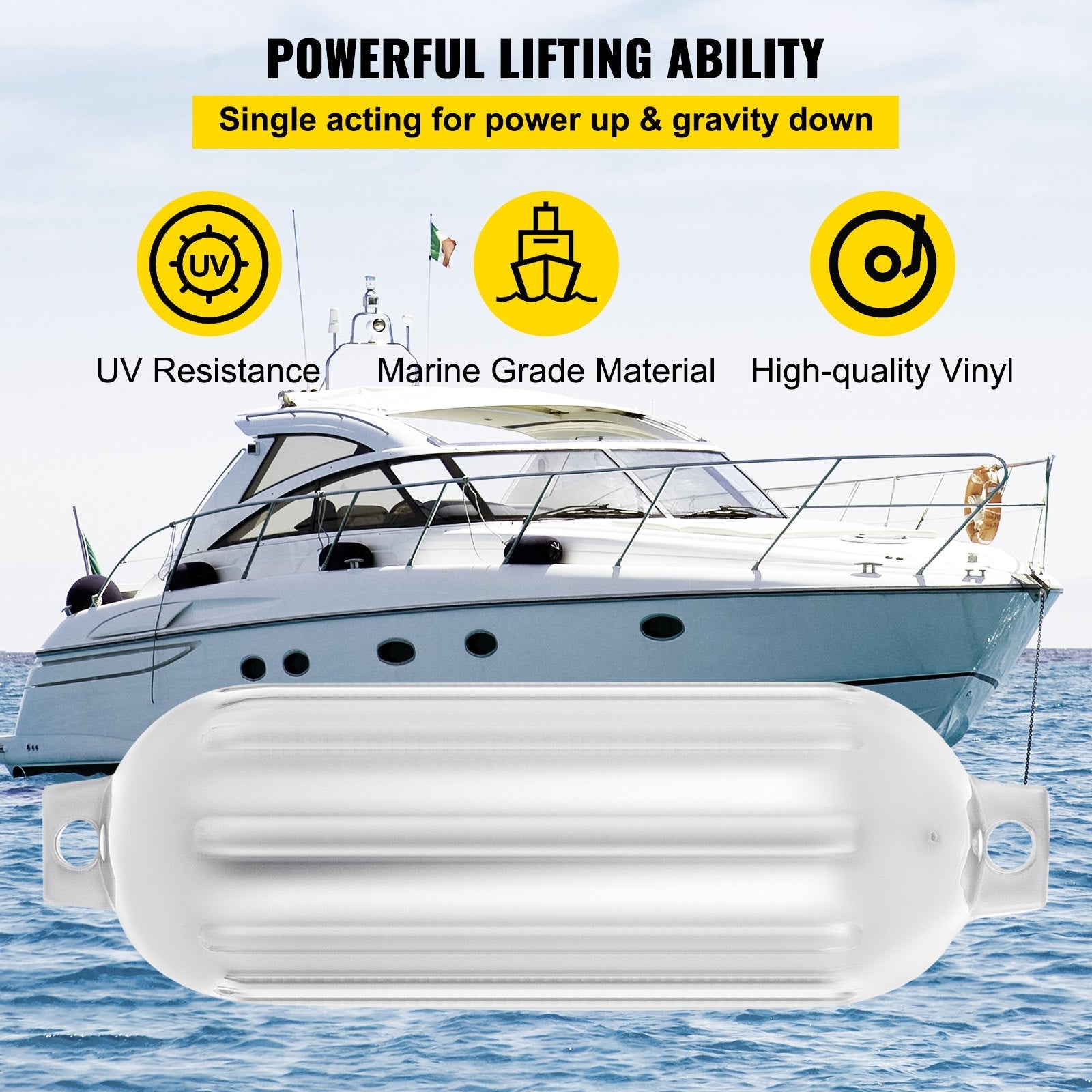 VEVOR Boat Fender 8.5 x 27 inches White Boat Protection Pack of 4 Ribbed Twin Eyes Boat Fender Bumper and Pump to Inflate