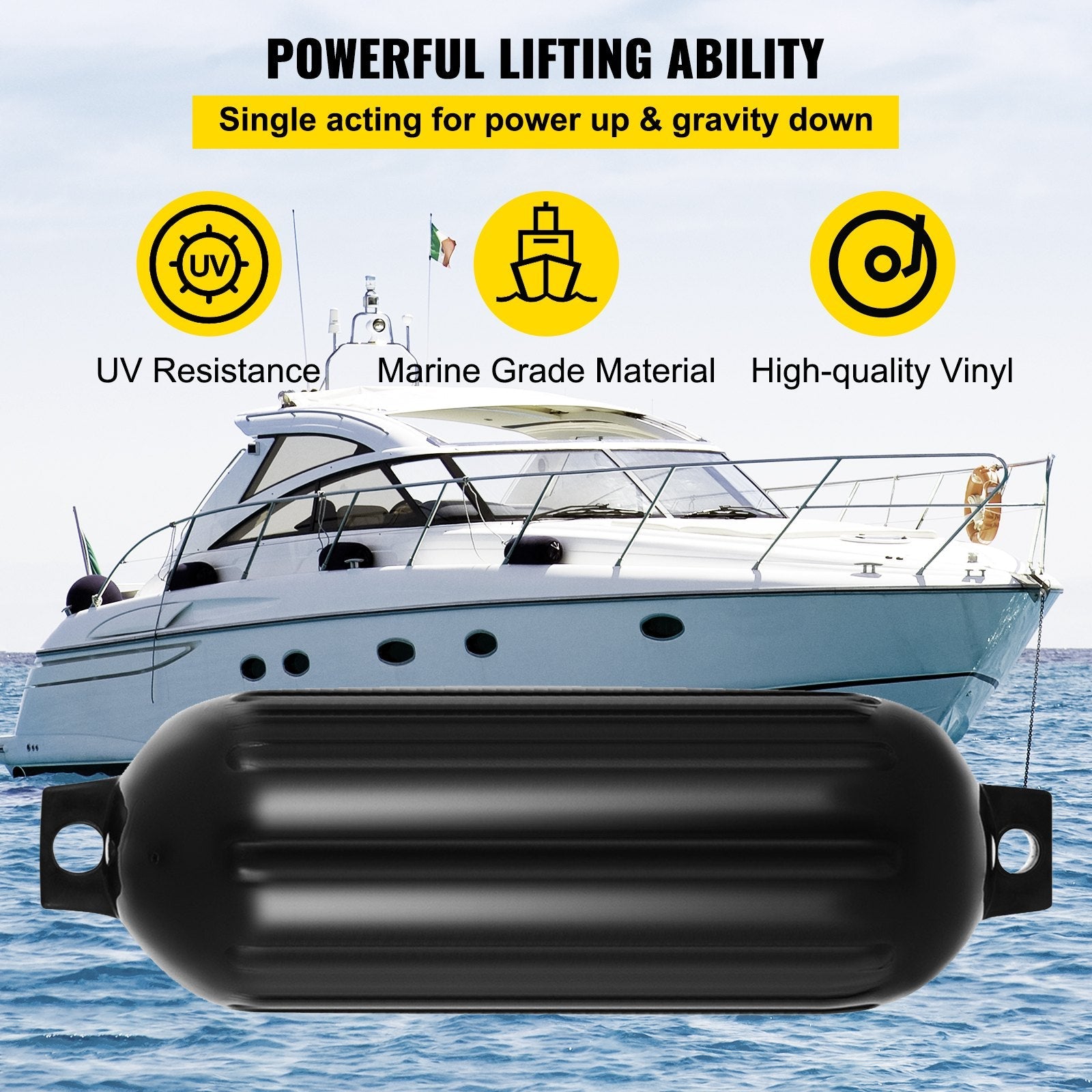 VEVOR Boat Fender 8.5 x 27 inches Black Boat Protection Pack of 4 Ribbed Twin Eyes Boat Fender Bumper and Pump to Inflate