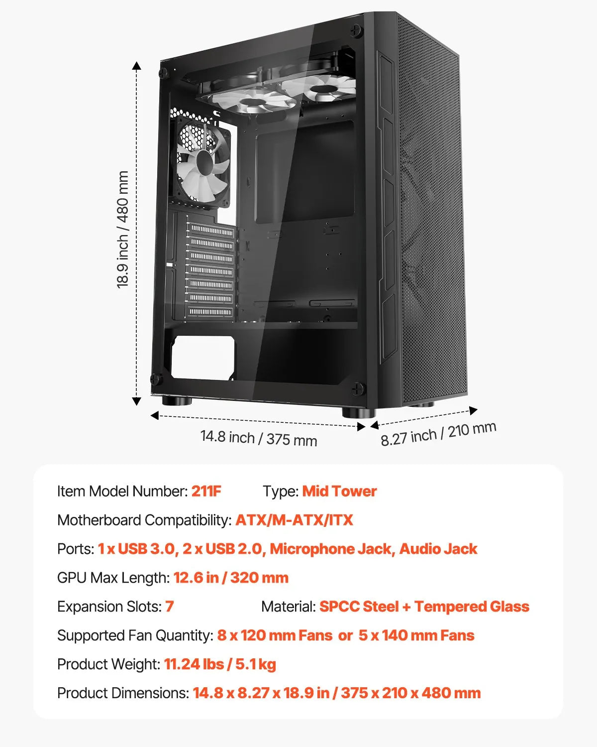 VEVOR Mid-Tower ATX PC Gaming Case Computer Case Box with 3 x 120 mm ARGB Fans