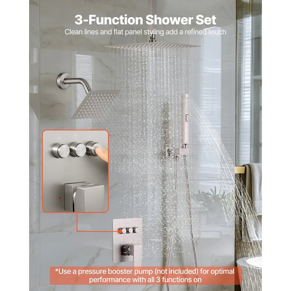 10" / 12" Ceiling Mount Rainfall Shower Faucet Set with Wall Shower Head & 2-in-1 Handheld Spray – Brushed Nickel