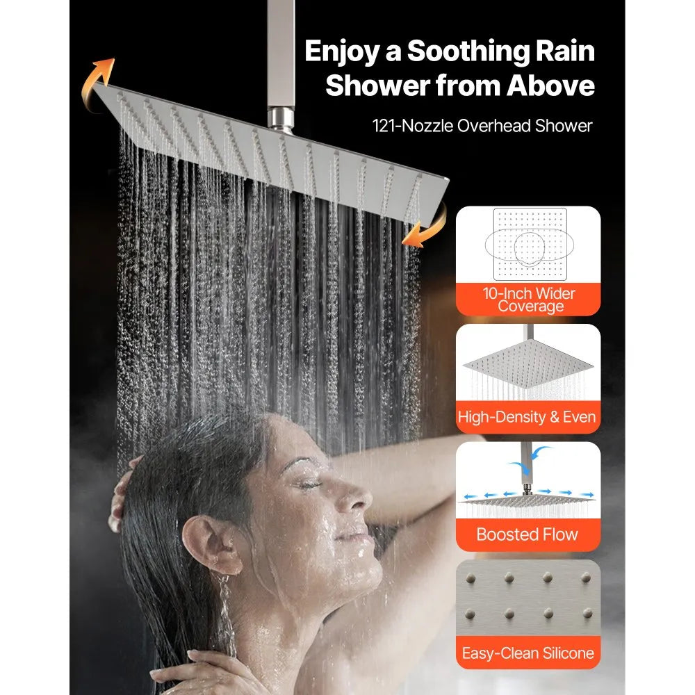 10" / 12" Ceiling Mount Rainfall Shower Faucet Set with Wall Shower Head & 2-in-1 Handheld Spray – Brushed Nickel