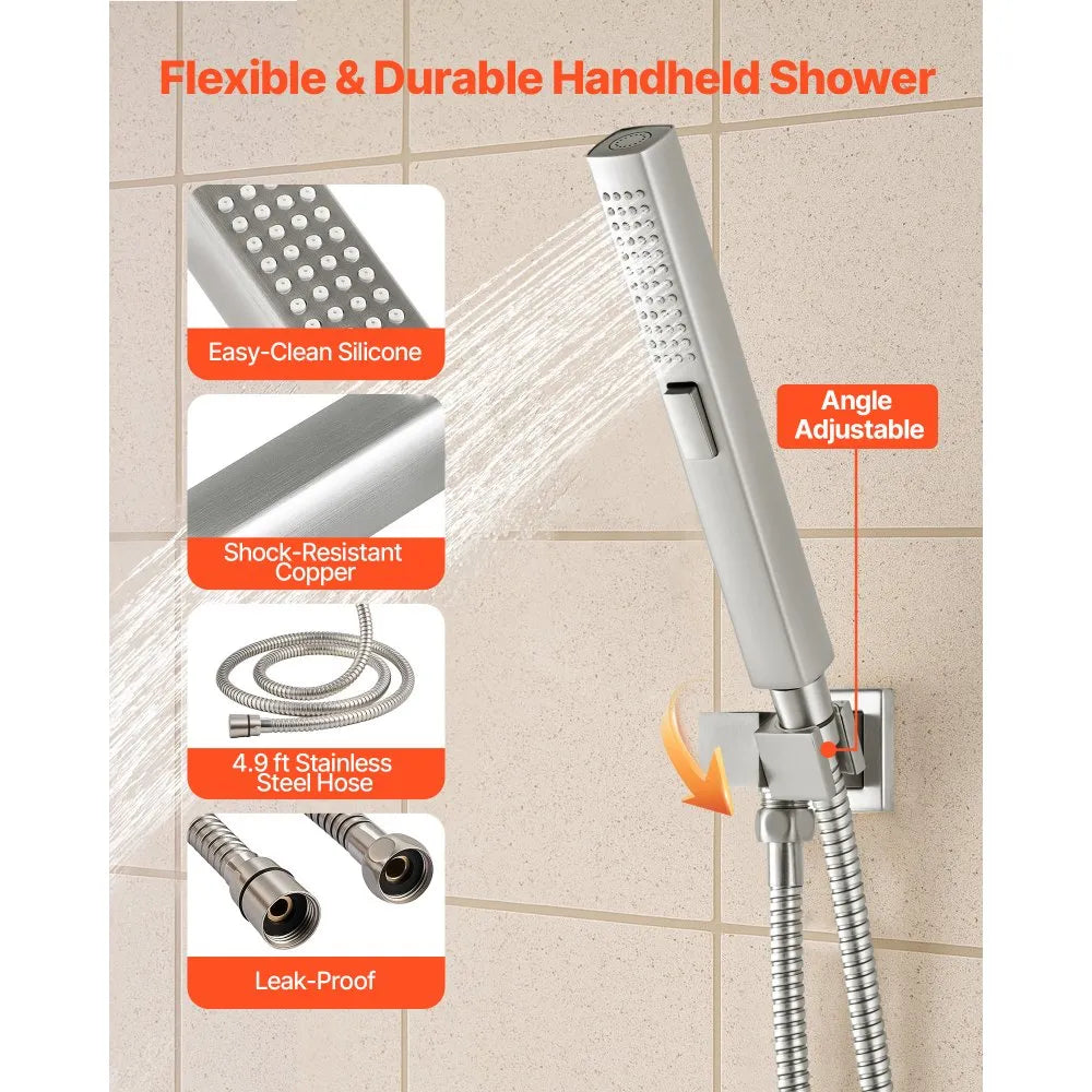 10" / 12" Ceiling Mount Rainfall Shower Faucet Set with Wall Shower Head & 2-in-1 Handheld Spray – Brushed Nickel