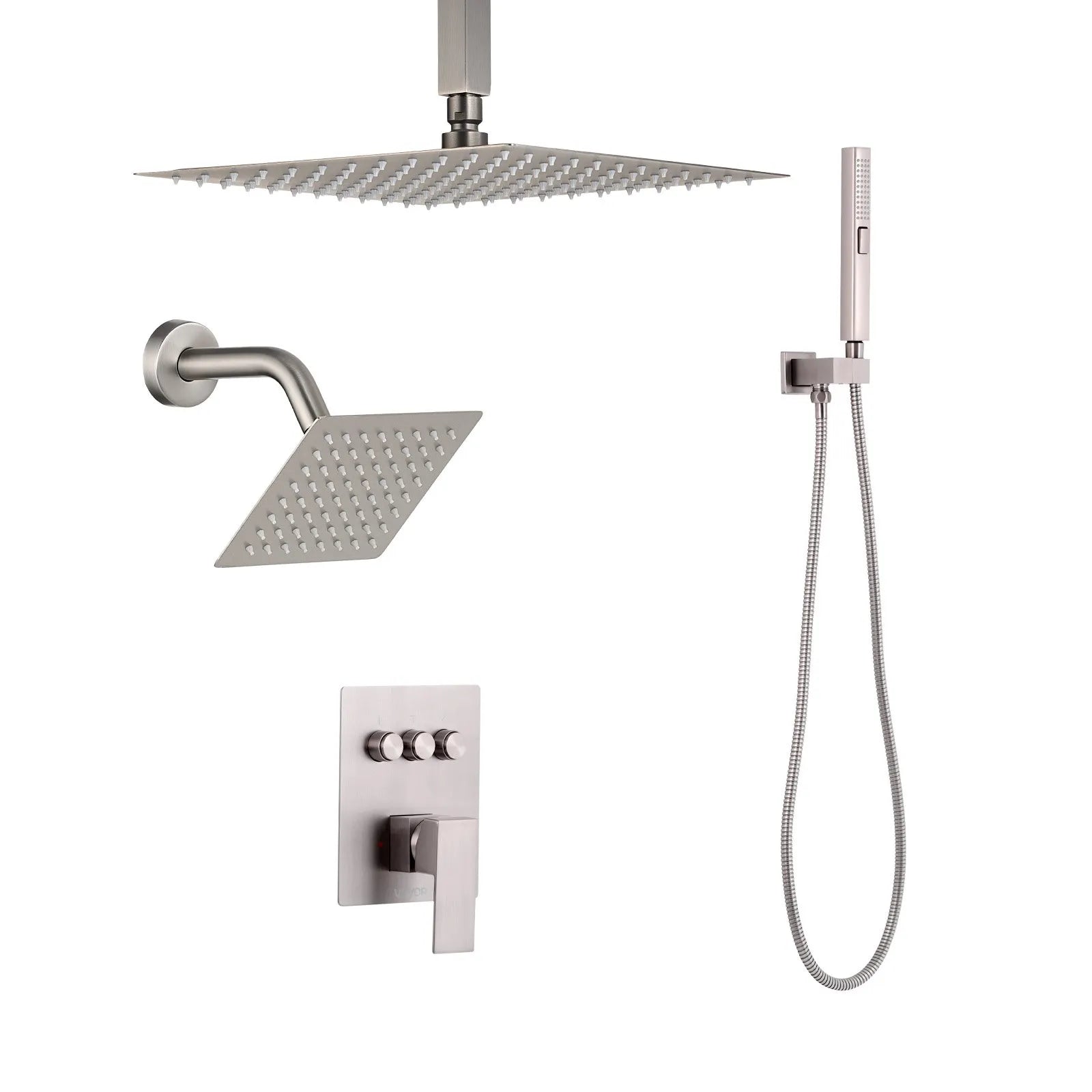 10" / 12" Ceiling Mount Rainfall Shower Faucet Set with Wall Shower Head & 2-in-1 Handheld Spray – Brushed Nickel