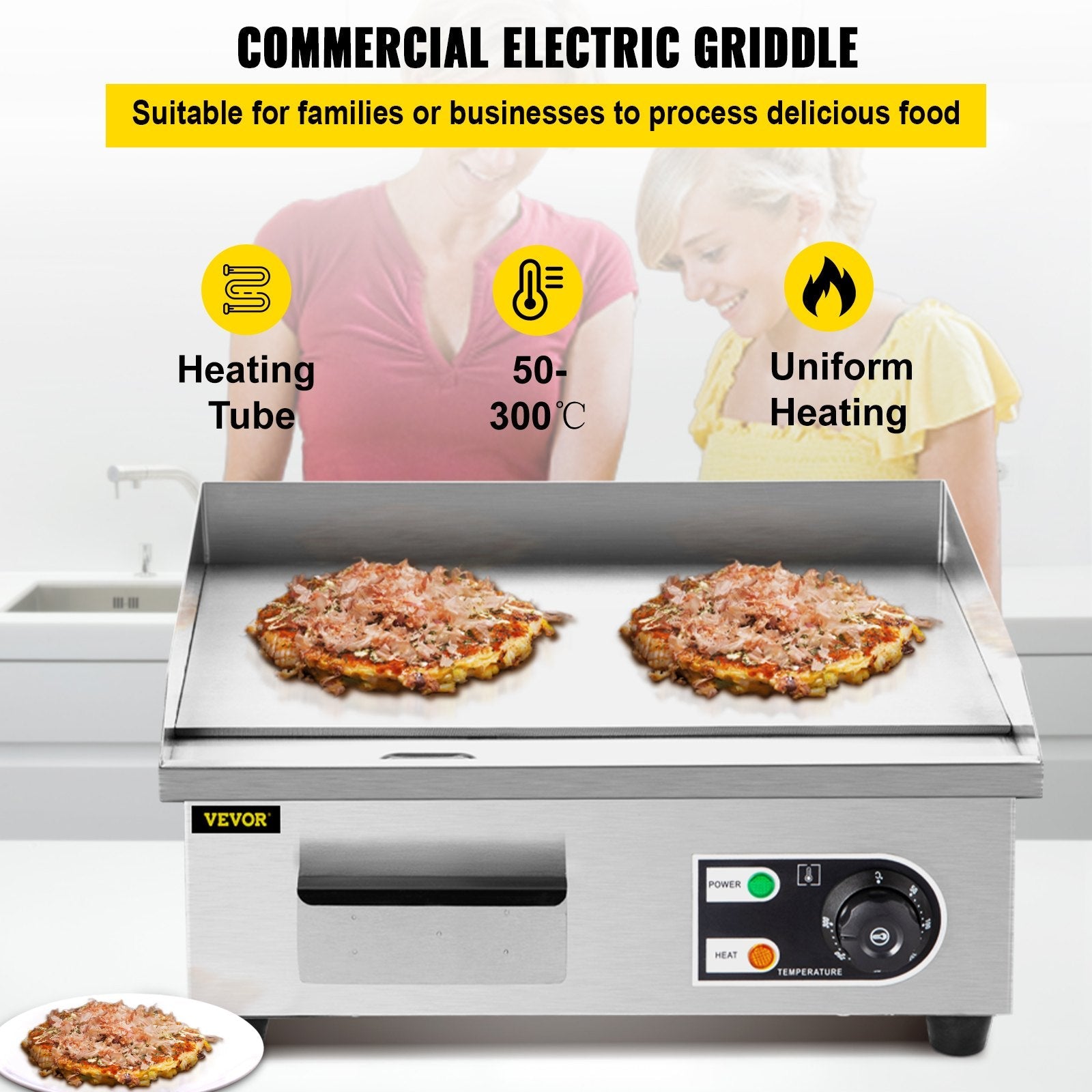 VEVOR 14\" Electric Countertop Flat Top Griddle 110V 1500W Non-Stick Commercial Electric Griddles Restaurant Teppanyaki Grill Stainless Steel Adjustable Temperature Control 122°F-572°F, Sliver