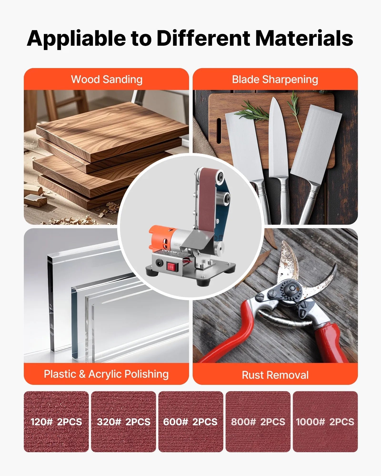 VEVOR 3-in-1 Mini Belt Sander, 13" x 1.2" Sanding Belt, 2.75" Grinding & Polishing Wheel Combo, 7-Speed Adjustable with Forward/Reverse Control for Woodworking, Jewelry Making, Knife Sharpening