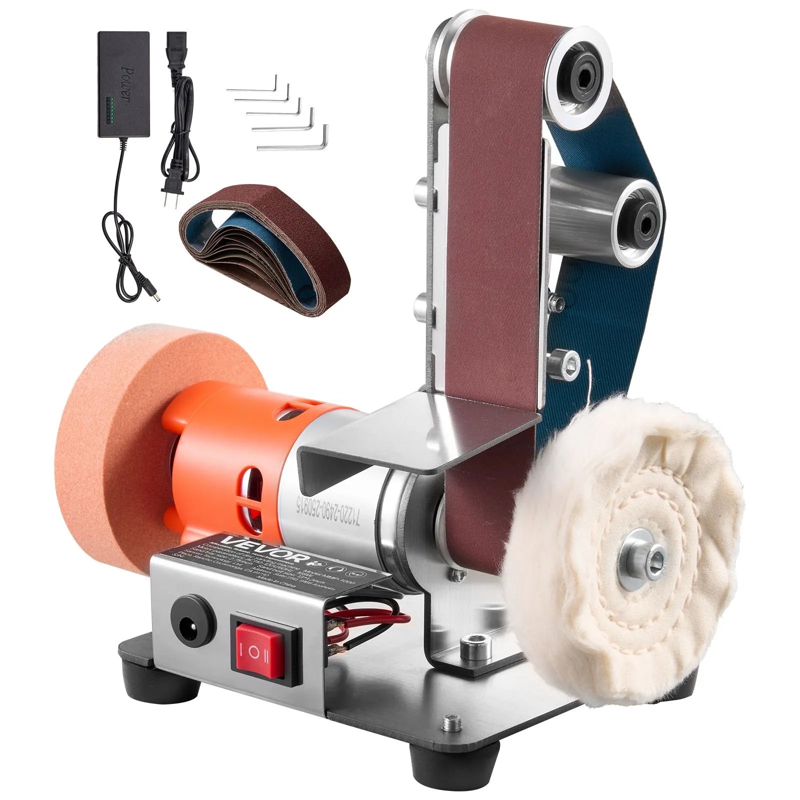 VEVOR 3-in-1 Mini Belt Sander, 13" x 1.2" Sanding Belt, 2.75" Grinding & Polishing Wheel Combo, 7-Speed Adjustable with Forward/Reverse Control for Woodworking, Jewelry Making, Knife Sharpening