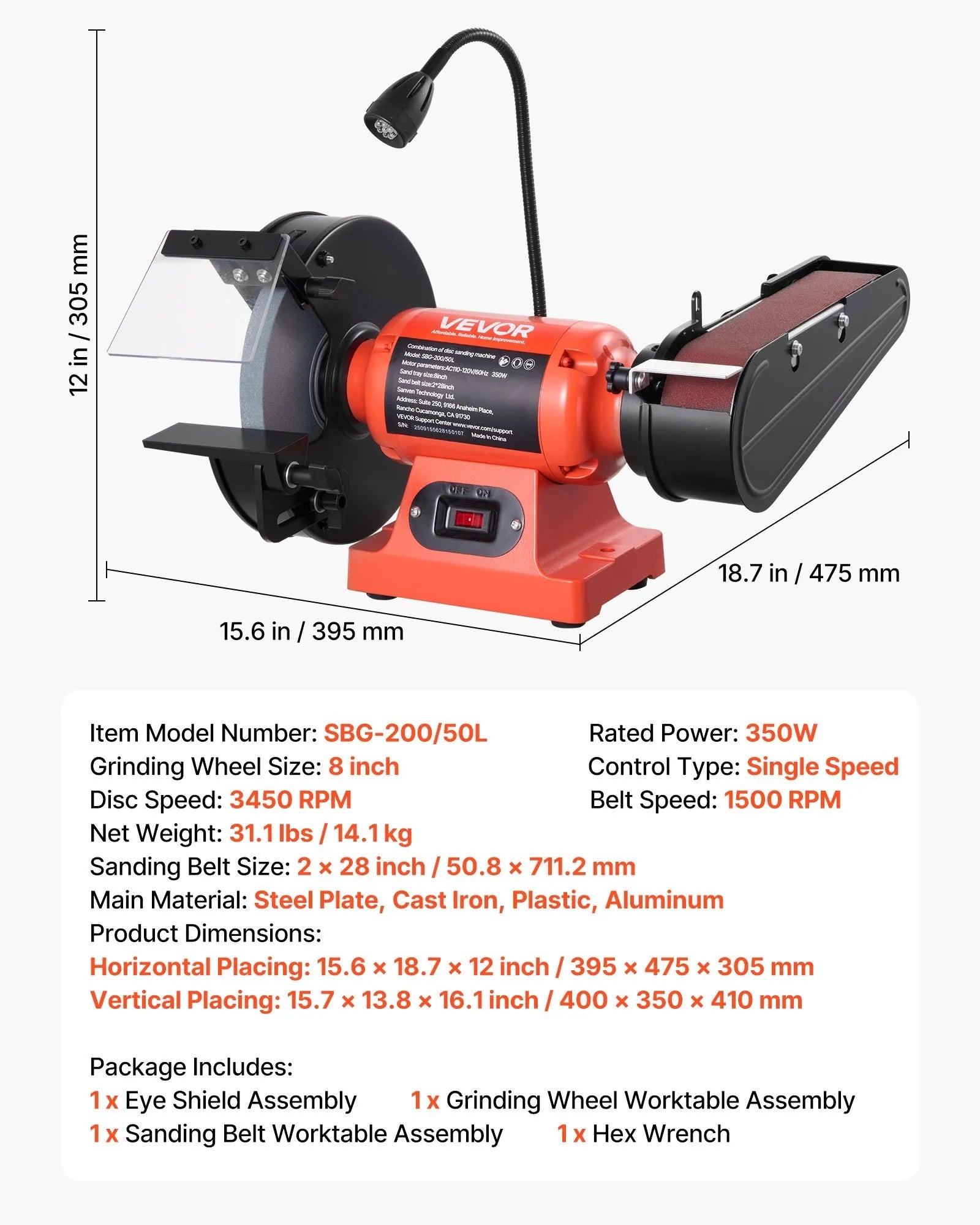 VEVOR 8" Bench Grinder & 2" x 28" Belt Sander Combo, 350W Professional Grinding Sanding Machine with LED Work Light & Protective Eye Shield for Metalworking, Woodworking, Knife Sharpening