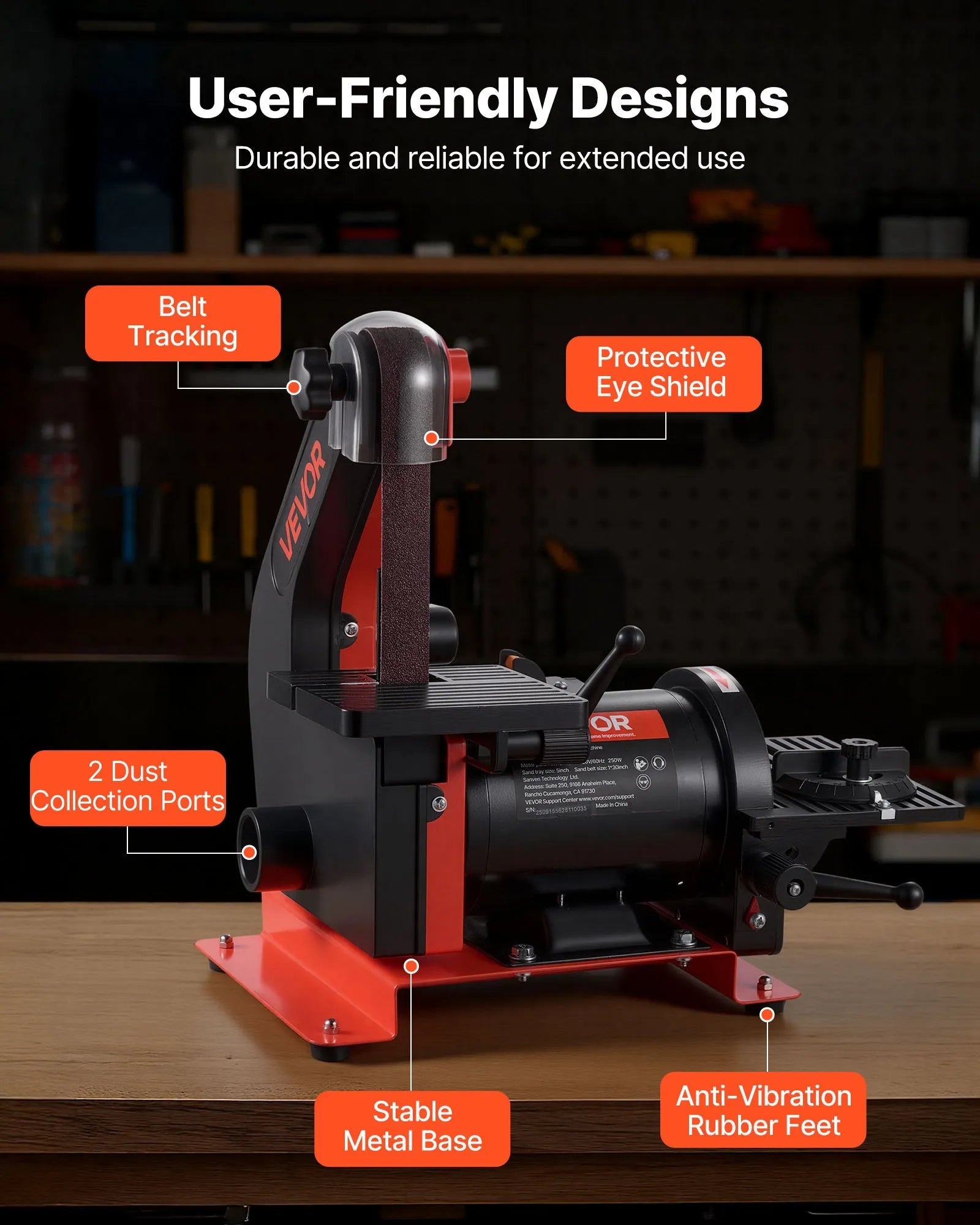 VEVOR 5" Disc Sander & 1" x 30" Belt Sander, 250W Benchtop Belt Disc Sanders Combo with 0 - 45° Adjustable Worktable & Dust Collection Ports for Woodworking, Furniture Refinishing, DIY Crafting