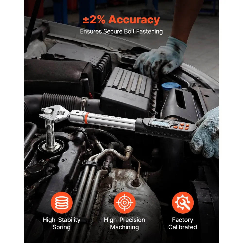 Digital Adjustable Torque Wrench with LCD Display, 0–1.5" Adjustable Jaw, ±2% Accuracy