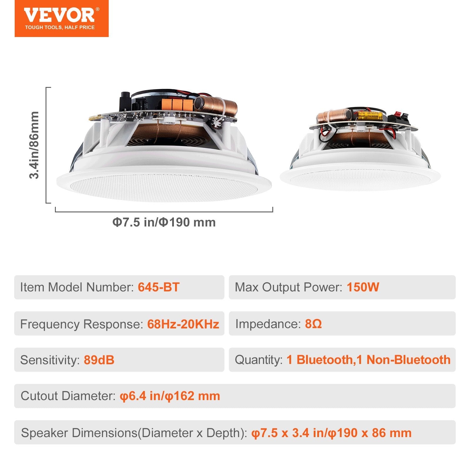 VEVOR 2 PCs 6.5'' Bluetooth in Ceiling Speakers, 150W, Flush Mount Ceiling & in-Wall Speaker System with 8?Impedance 89dB Sensitivity, for Home Kitchen Living Room Bedroom or Covered Outdoor Porches