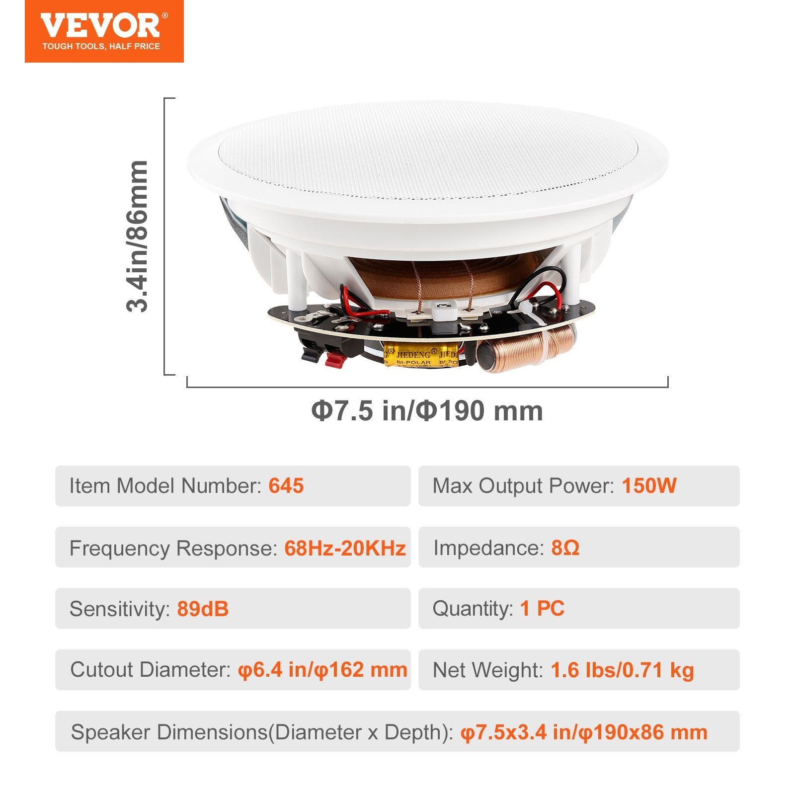 VEVOR 6.5 Inch in Ceiling Speakers, 150-Watts, Flush Mount Ceiling & in-Wall Speakers System with 8?Impedance 89dB Sensitivity, for Home Kitchen Living Room Bedroom or Covered Outdoor Porches, Single