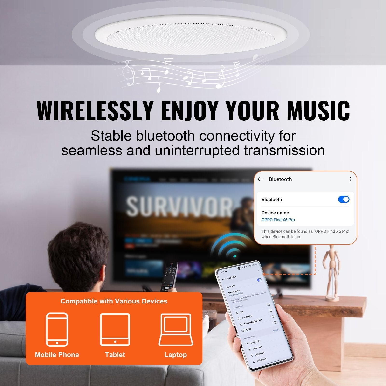 VEVOR 6.5'' Bluetooth in Ceiling Speakers, 150W, Flush Mount Ceiling & in-Wall Speaker System with 8?Impedance 89dB Sensitivity, for Home Kitchen Living Room Bedroom or Covered Outdoor Porches, Single