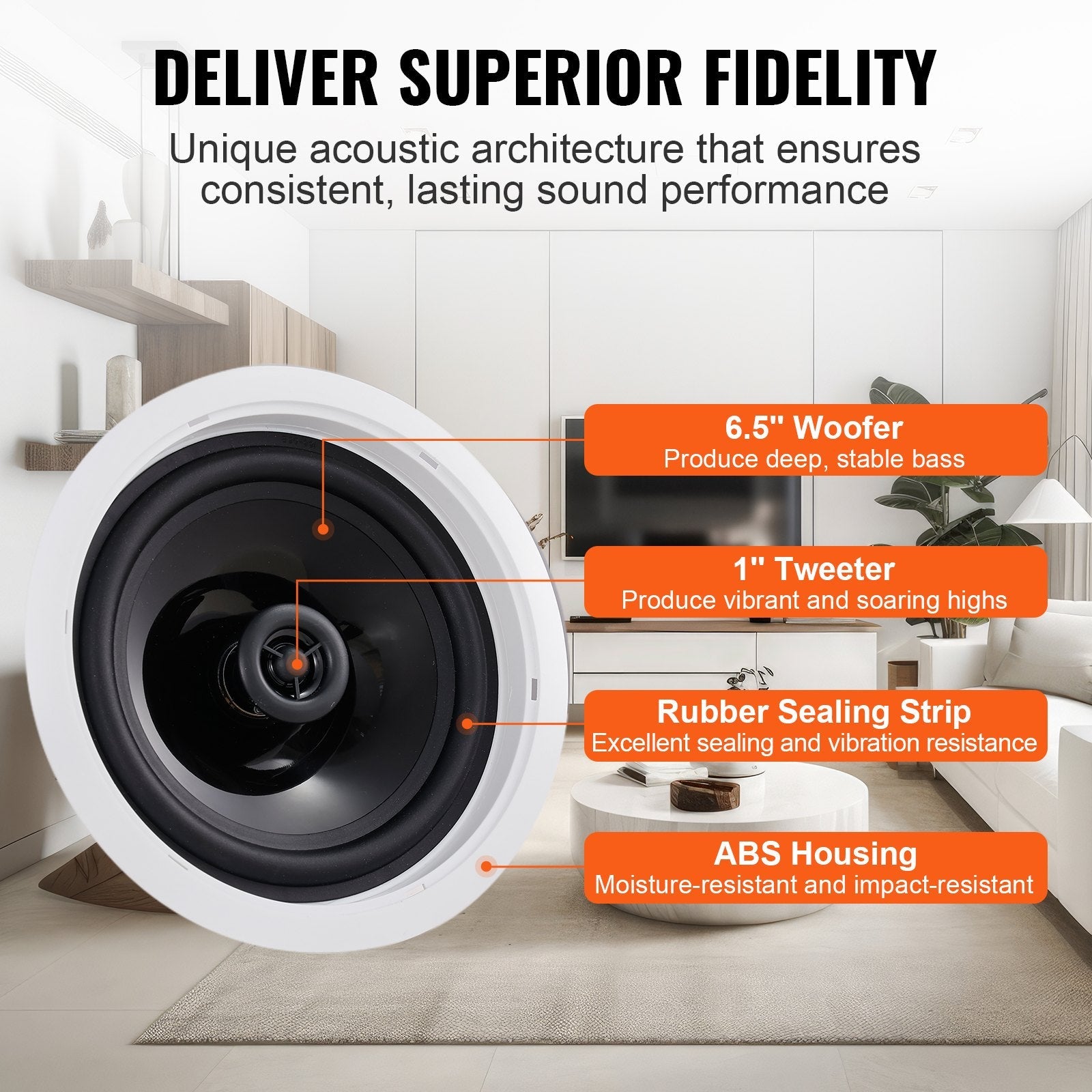 VEVOR 6.5'' Bluetooth in Ceiling Speakers, 150W, Flush Mount Ceiling & in-Wall Speaker System with 8?Impedance 89dB Sensitivity, for Home Kitchen Living Room Bedroom or Covered Outdoor Porches, Single