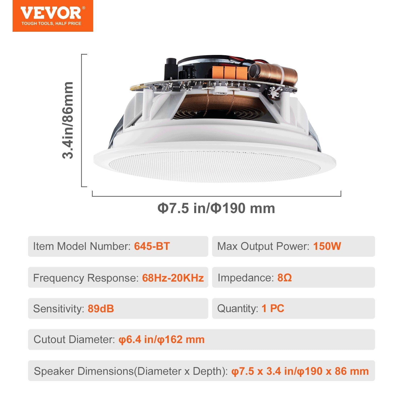 VEVOR 6.5'' Bluetooth in Ceiling Speakers, 150W, Flush Mount Ceiling & in-Wall Speaker System with 8?Impedance 89dB Sensitivity, for Home Kitchen Living Room Bedroom or Covered Outdoor Porches, Single