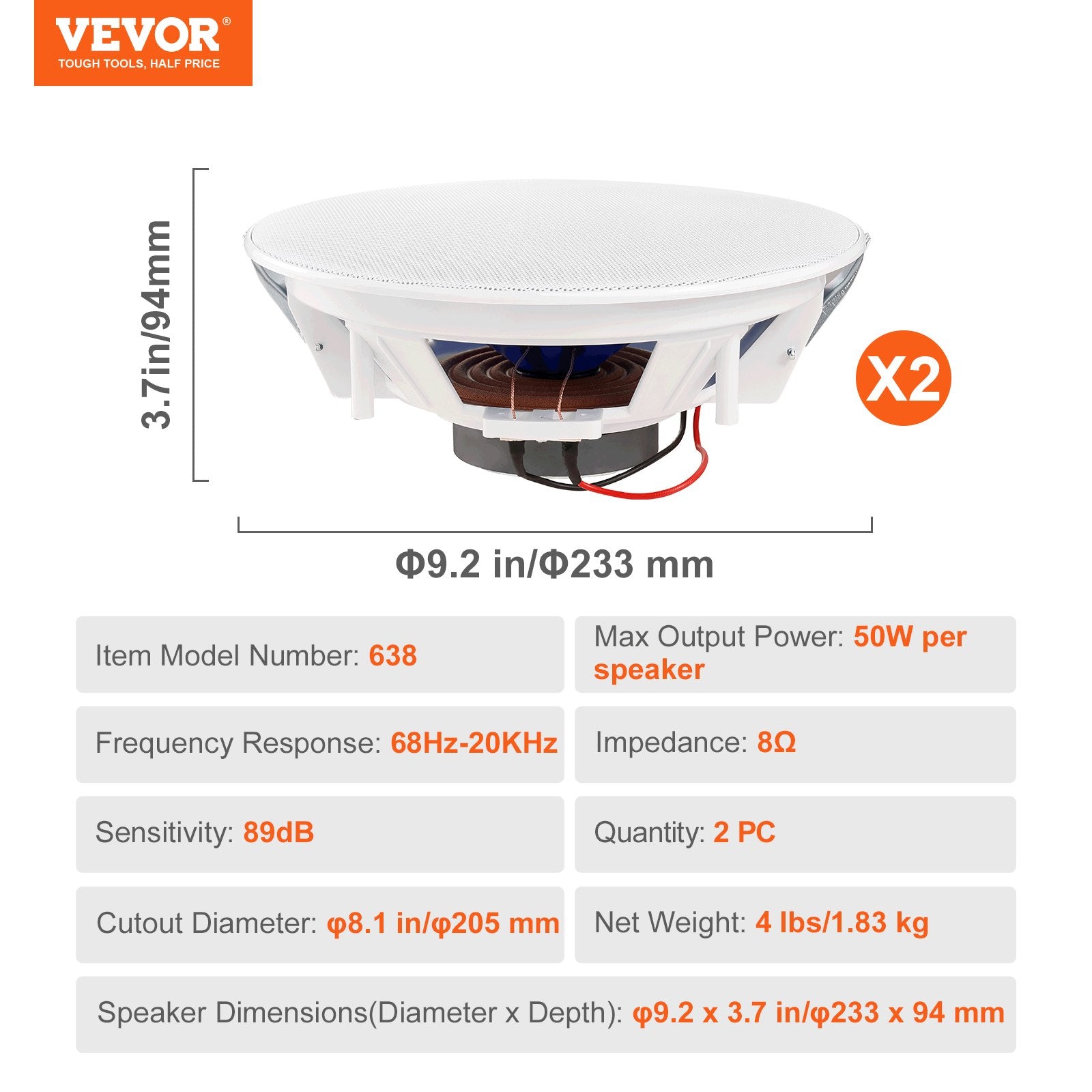VEVOR 2 PCs 8 Inch in Ceiling Speakers, 50-Watts, Flush Mount Ceiling & in-Wall Speakers System with 8?Impedance 89dB Sensitivity, for Home Kitchen Living Room Bedroom or Covered Outdoor Porches