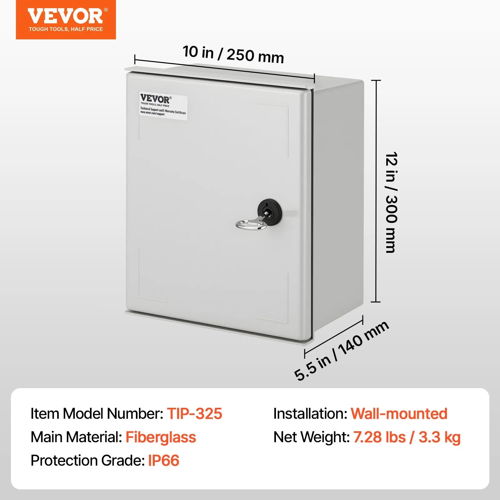 VEVOR Fiberglass Enclosure 11.8 x 9.8 x 5.5" Electrical Enclosure Box NEMA 3X Electronic Equipment Enclosure Box IP65 Weatherproof Wall-Mounted Electrical Enclosure With Hinges & Quarter-Turn Latches