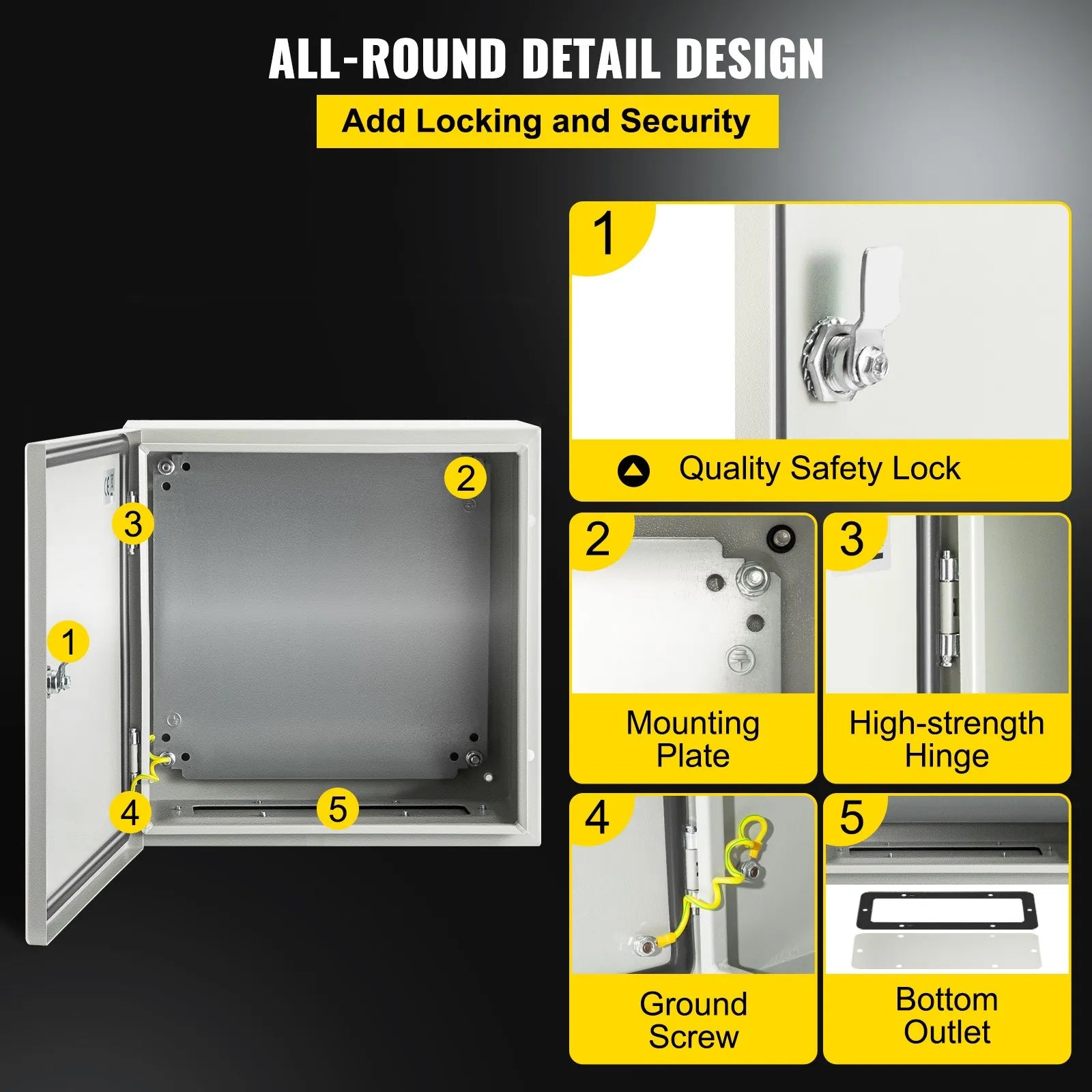 VEVOR Steel Electrical Box 16 x 16 x 8" Electrical Enclosure Box, Carbon Steel Hinged Junction Box, IP65 Weatherproof Metal Box Wall-Mounted Electronic Equipment Enclosure Box with Mounting Plate