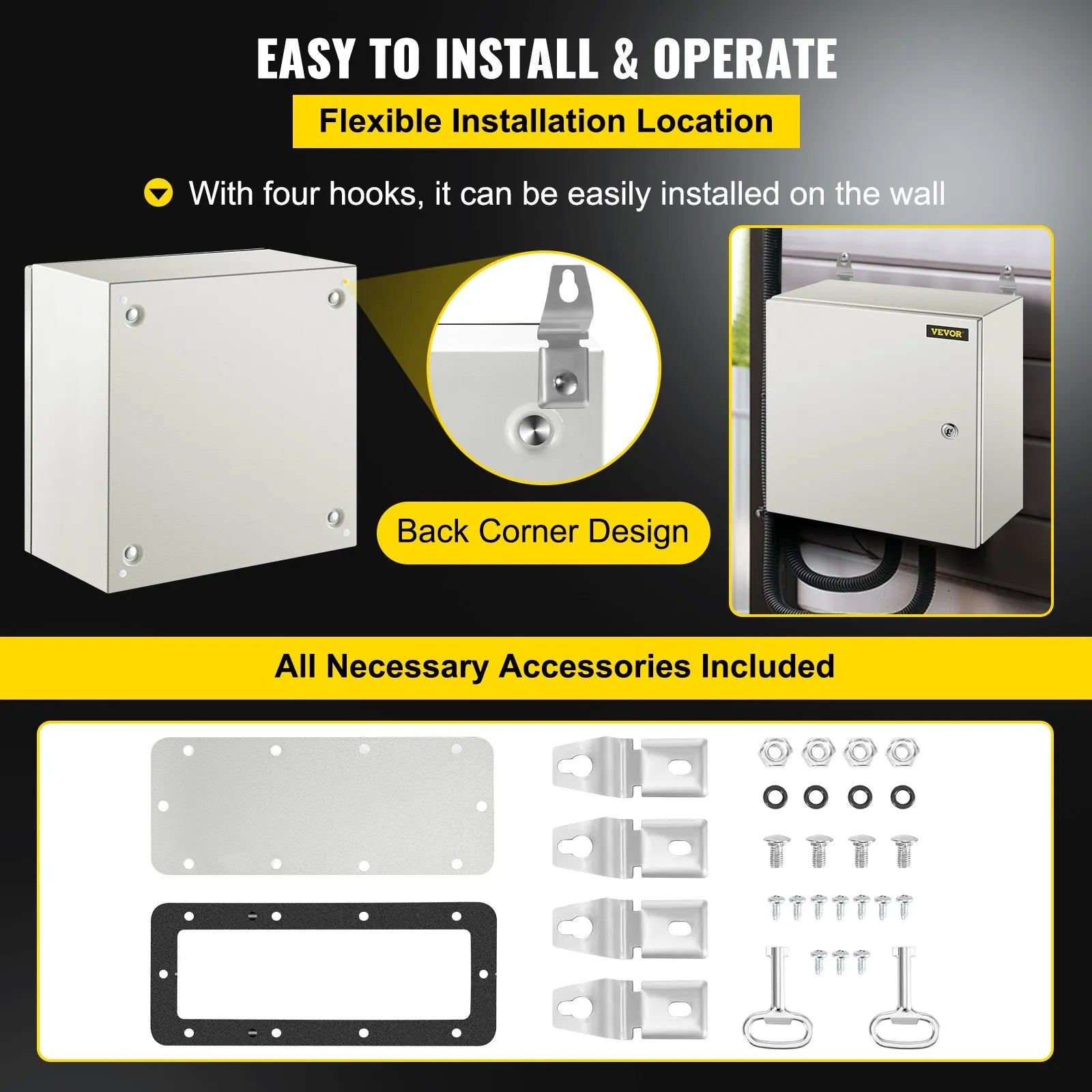 VEVOR Steel Electrical Box 16 x 16 x 8" Electrical Enclosure Box, Carbon Steel Hinged Junction Box, IP65 Weatherproof Metal Box Wall-Mounted Electronic Equipment Enclosure Box with Mounting Plate