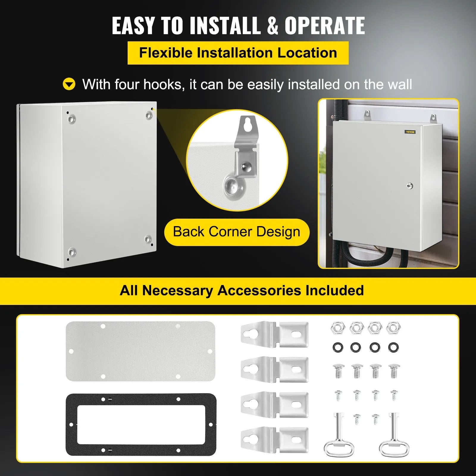 VEVOR Steel Electrical Box 20'' x 16'' x 10'' Electrical Enclosure Box, Carbon Steel Hinged Junction Box IP65 Weatherproof Metal Box Wall-Mounted Electronic Equipment Enclosure Box with Mounting Plate