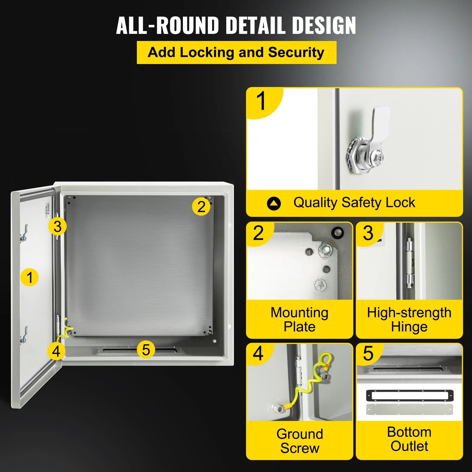 VEVOR Steel Electrical Box 24'' x 24'' x 12'' Electrical Enclosure, Carbon Steel Hinged Junction Box, IP65 Weatherproof Metal Box Wall-Mounted Electronic Equipment Enclosure Box with Mounting Plate