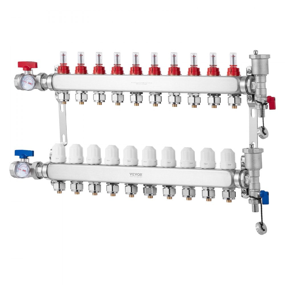 VEVOR 10-Branch Radiant Heat Manifold 1/2" PEX Tubing Floor Heating Manifold Set