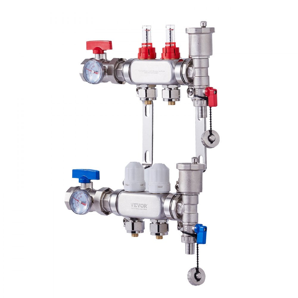 VEVOR 2-Branch Radiant Heat Manifold 1/2" PEX Tubing Floor Heating Manifold Set