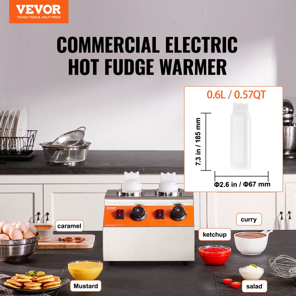 VEVOR Electric Bottle Warmer with Bottles, 0.57x2 Qt Commercial Cheese Dispenser, Hot Fudge Warmer 86-185? Temp Adjustable, Plastic Double Bottles Nacho Cheese Warmer, for Hot Fudge Cheese Caramel