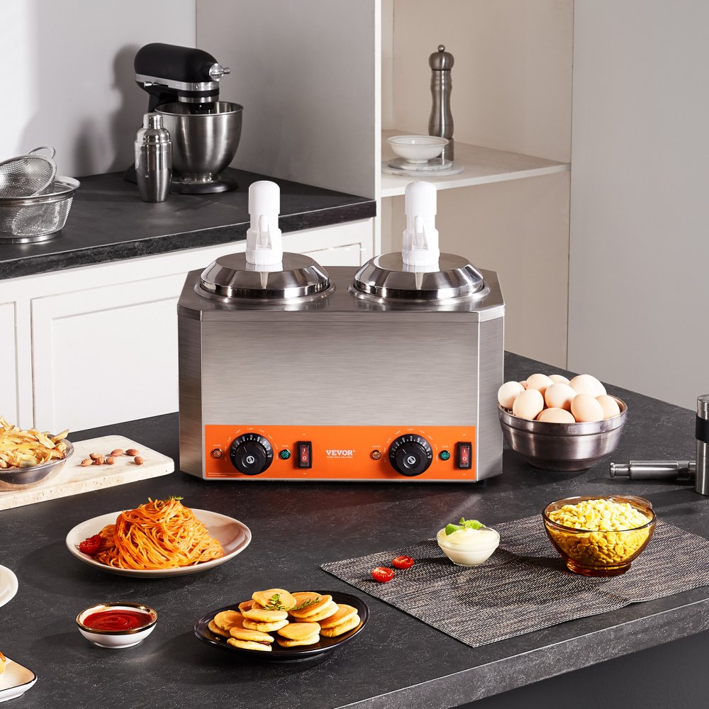 VEVOR Electric Cheese Dispenser with Pumps, 2.3x2 Qt Commercial Hot Fudge Warmer, Plastic Double Pumps Dispenser, 86-230? Temp Adjustable Nacho Cheese Sauce Warmer, for Hot Fudge Cheese Caramel