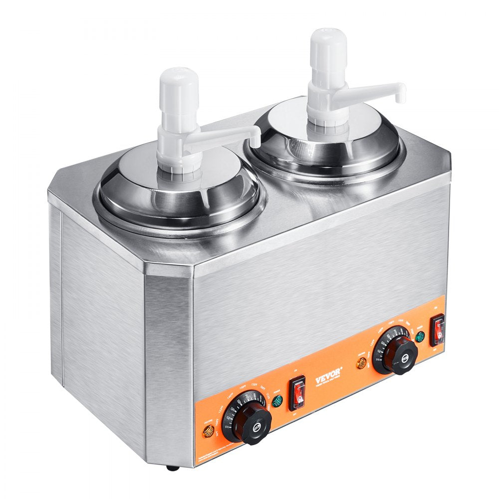 VEVOR Electric Cheese Dispenser with Pumps, 2.3x2 Qt Commercial Hot Fudge Warmer, Plastic Double Pumps Dispenser, 86-230? Temp Adjustable Nacho Cheese Sauce Warmer, for Hot Fudge Cheese Caramel