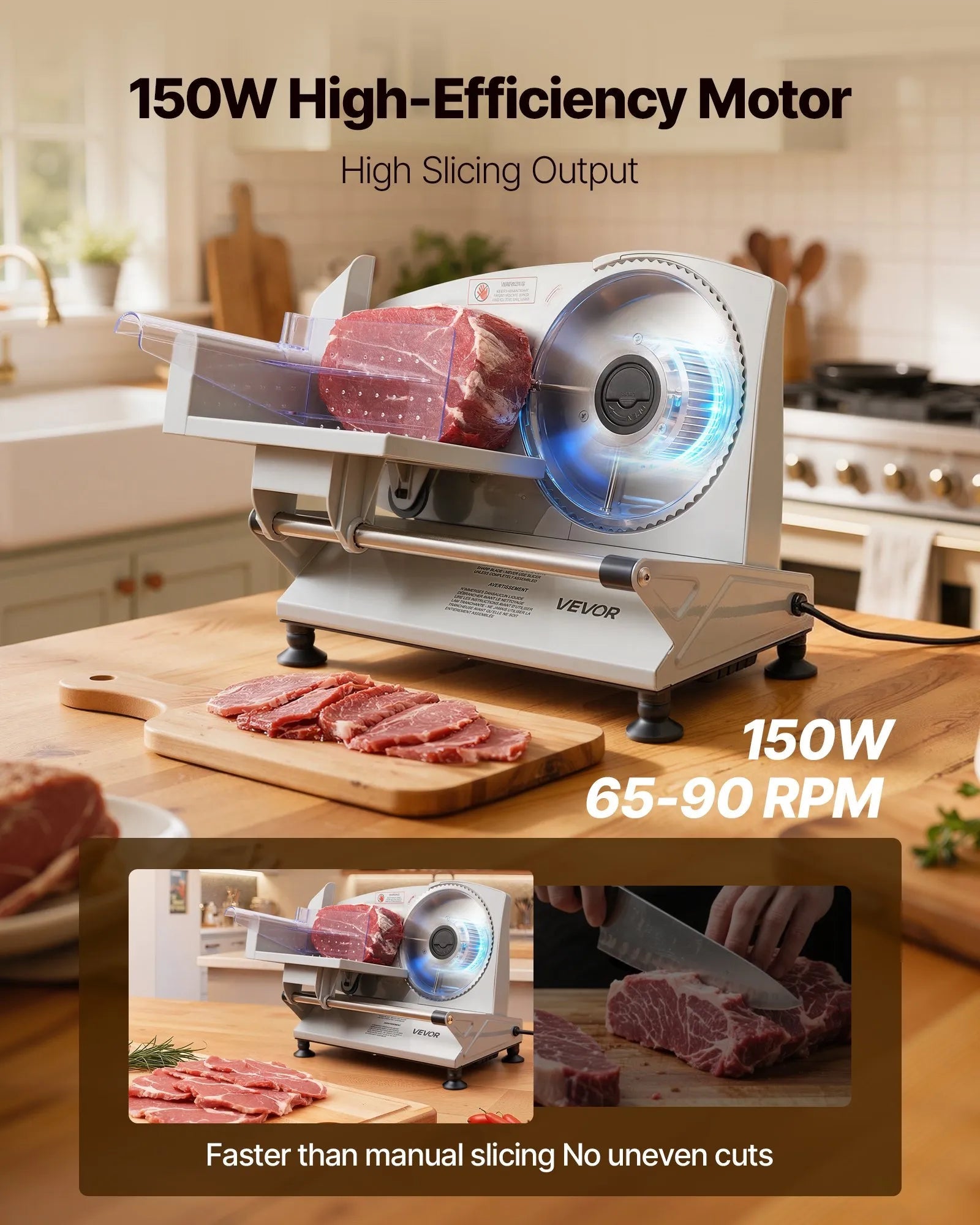 VEVOR Meat Slicer, 6.7 inch 150W Electric Deli Slicer Machine with two SUS420 Blades, 0-0.6 inch Adjustable Thickness, ETL Certified Home Food-Slicer for Meat, Ham, Baguett, Steak