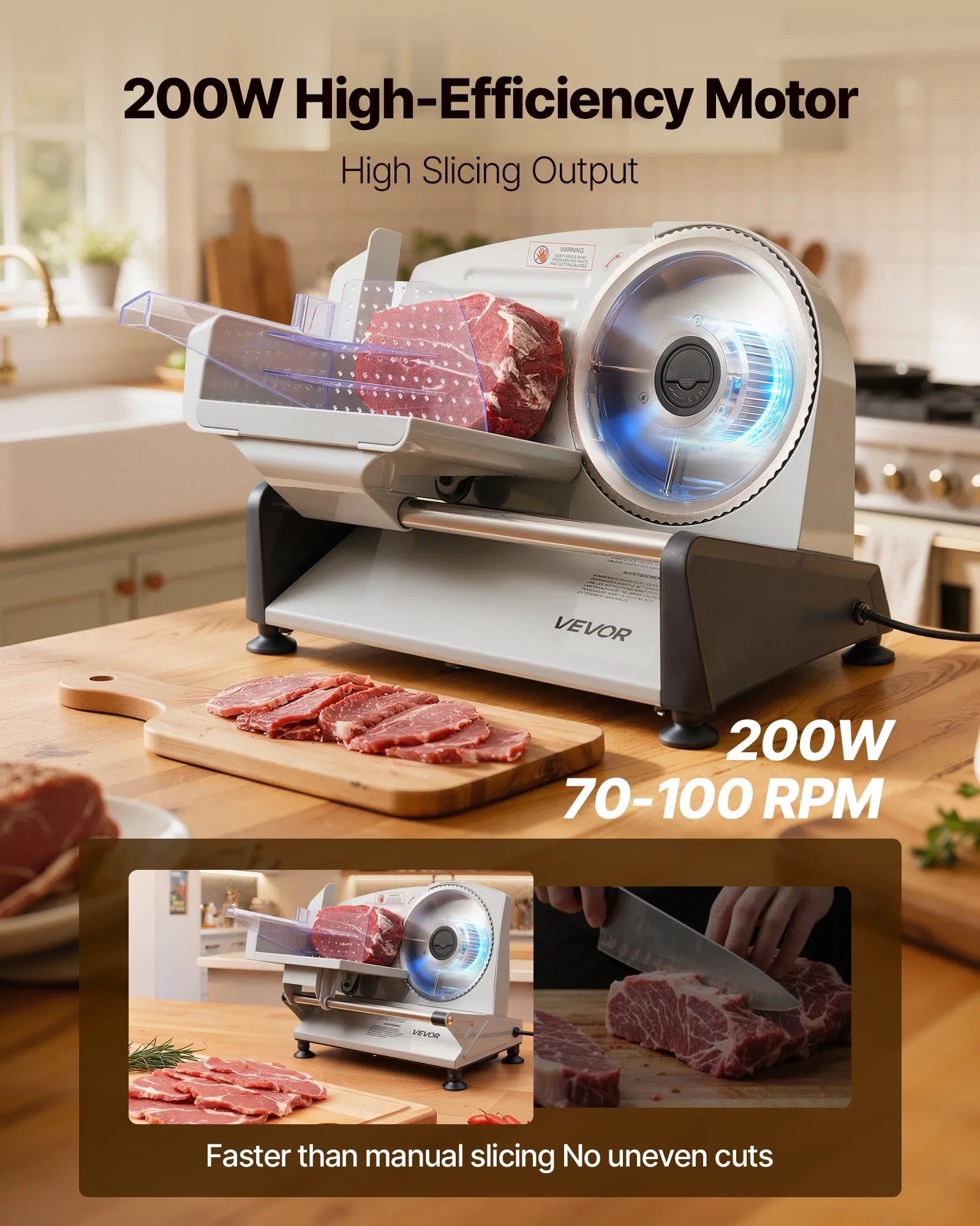 VEVOR Meat Slicer, 7.5 inch 200W Electric Deli Slicer Machine with SUS420 Blade, 0-0.6 inch Adjustable Thickness, ETL Certified Home Food-Slicer for Meat, Ham, Baguett, Steak