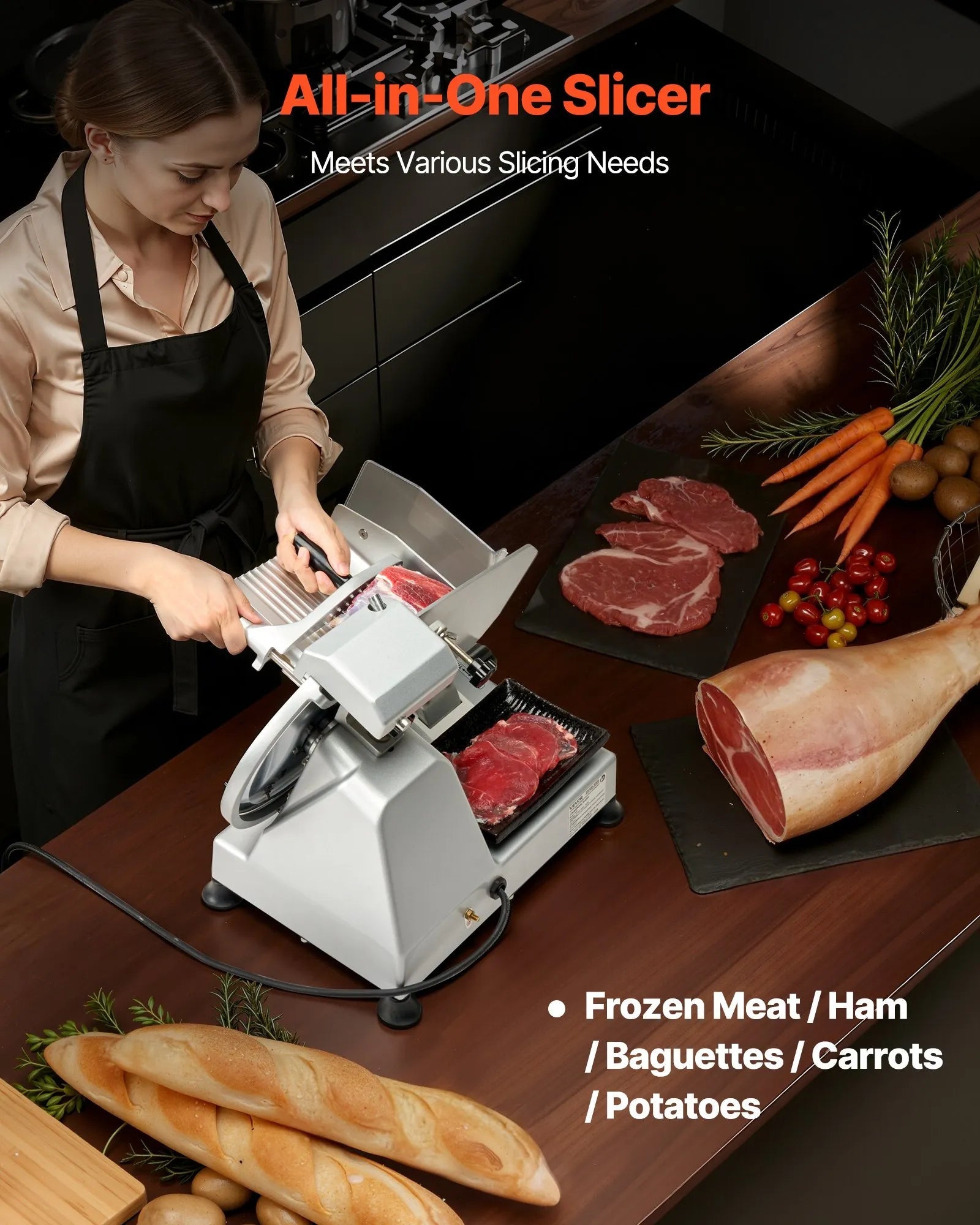 VEVOR Commercial Meat Slicer, 10 inch Electric Deli Slicer Machine, 320W Food-Slicer with SUS420 Blade, 0-0.4 inch Adjustable Thickness, for Frozen Meat, Ham, Baguett, Steak