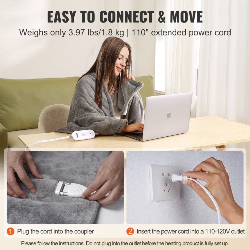 VEVOR Heated Blanket Electric Throw, 50" x 60" Twin Size, Soft Flannel & Sherpa Heating Blanket with 3 Hours Timer Auto-off, 5 Heating Levels for Sofa, Machine Washable, ETL & FCC Certification (Grey)