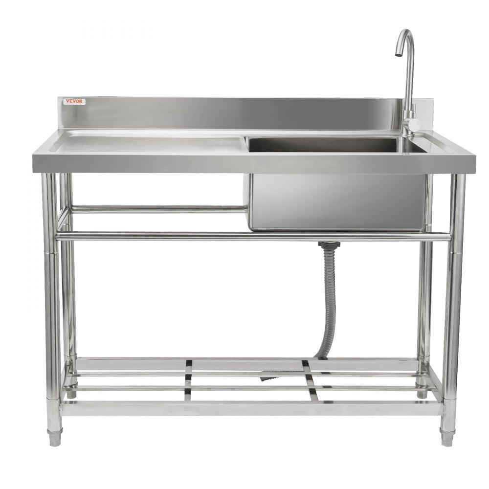 VEVOR Stainless Steel Utility Sink, 47.2 x 19.7 x 37.4 in Free Standing Small Sink w/Workbench Faucet & legs, 1 Compartment Commercial Single Bowl Sinks for Garage, Restaurant, Laundry, NSF Certified