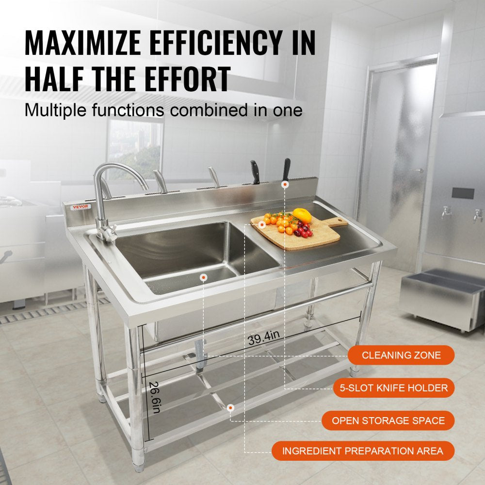 VEVOR Stainless Steel Utility Sink, 39.4 x 19.1 x 37.4 in Free Standing Small Sink w/Workbench Faucet & legs, 1 Compartment Commercial Single Bowl Sinks for Garage, Restaurant, Laundry, NSF Certified