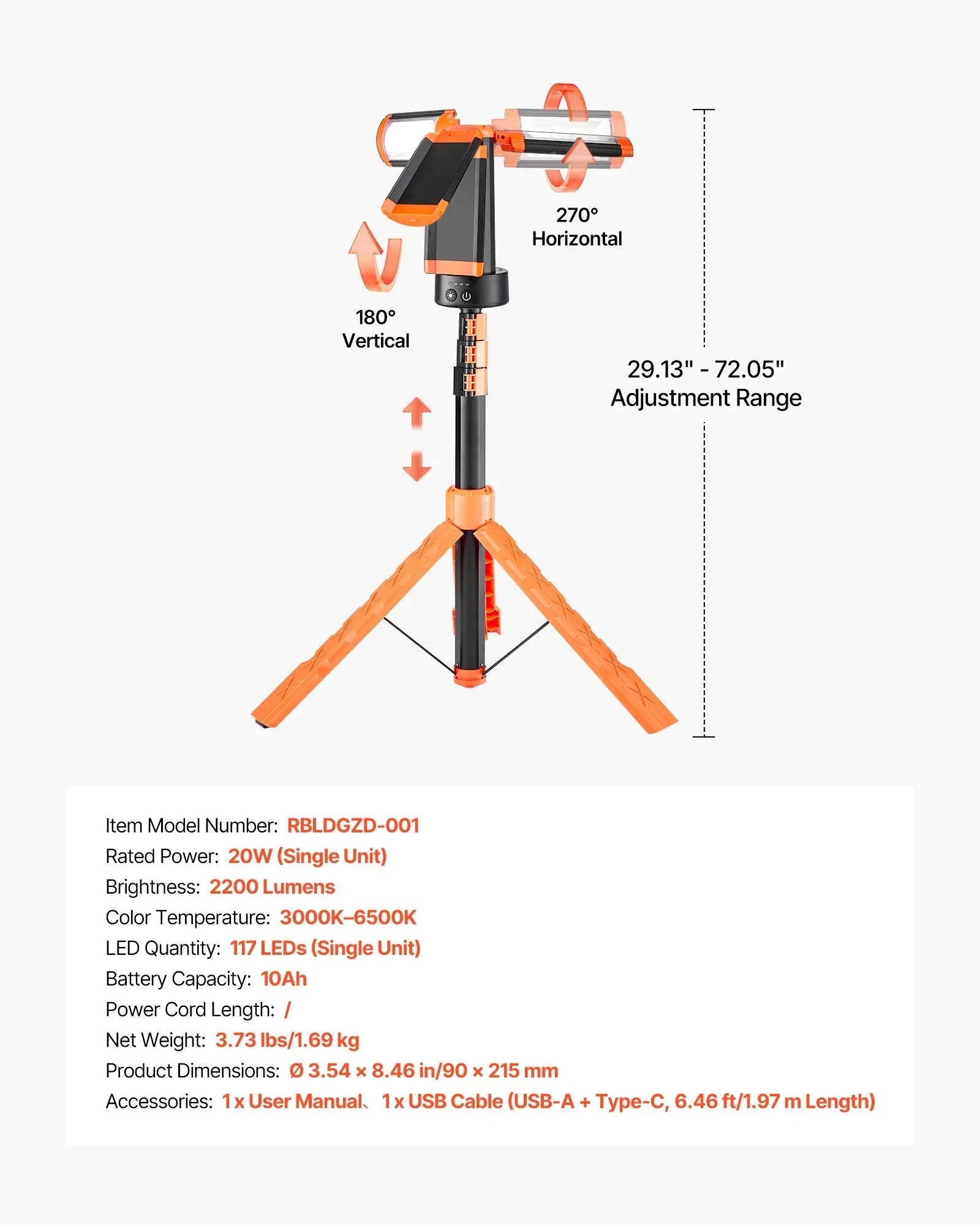 VEVOR LED Work Light with Stand, 10Ah, Rechargeable Cordless Camping Light, with 3 Lamp Heads, Detachable Tripod Stand, 2200 Lumens 3000K-6500K Dimmable, Portable Construction Lighting for Job Site